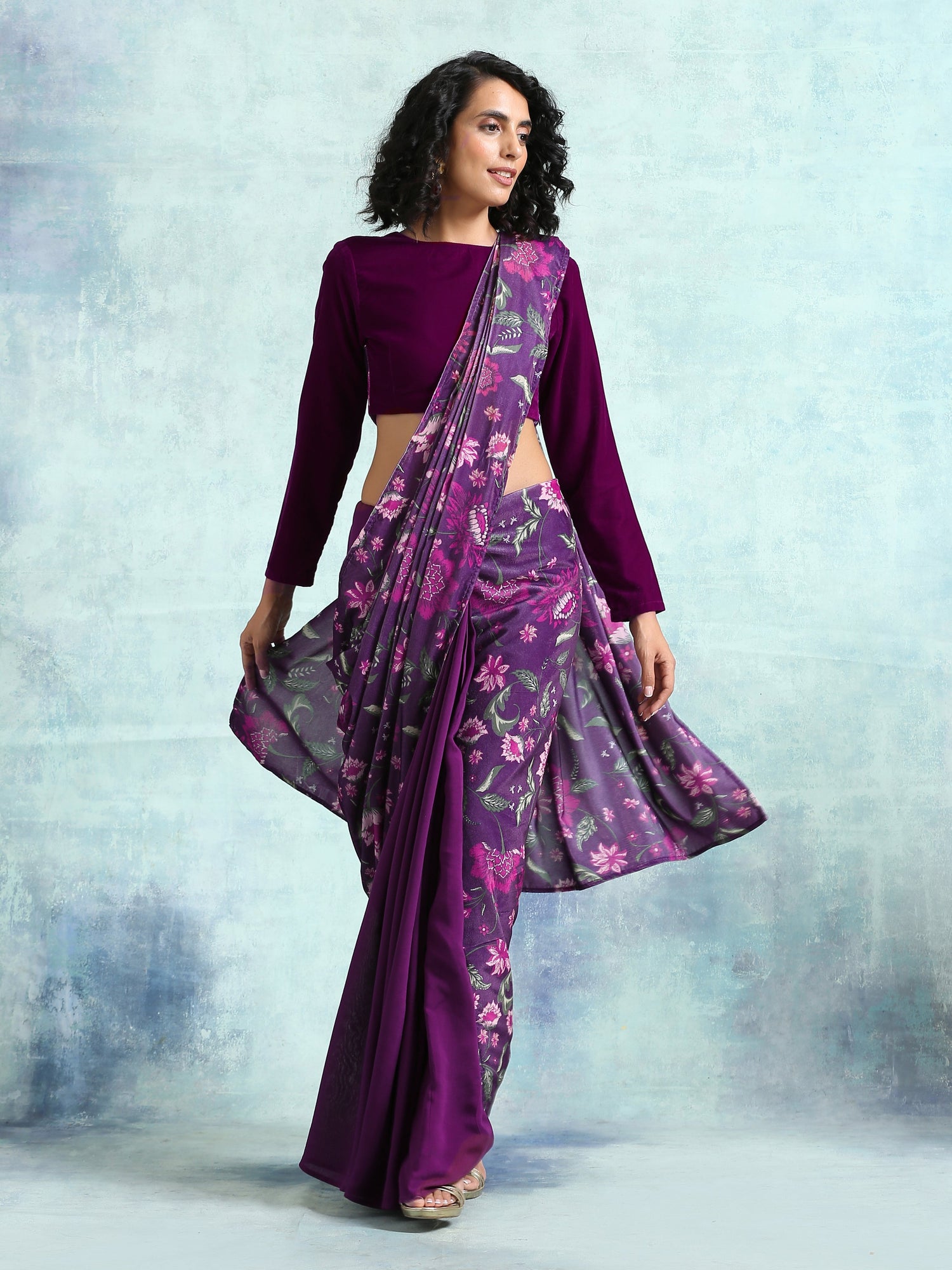 Wine Printed Velvet Pre-Stitched Saree