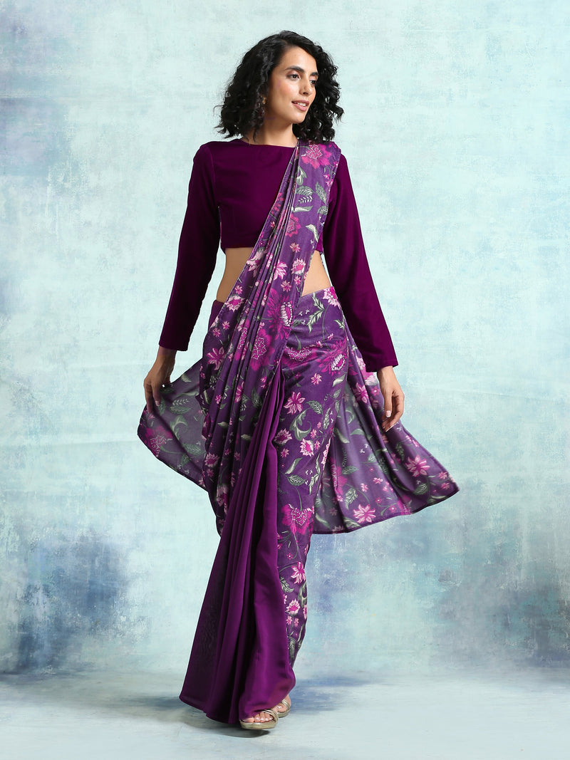 Wine Printed Velvet Pre-Stitched Saree