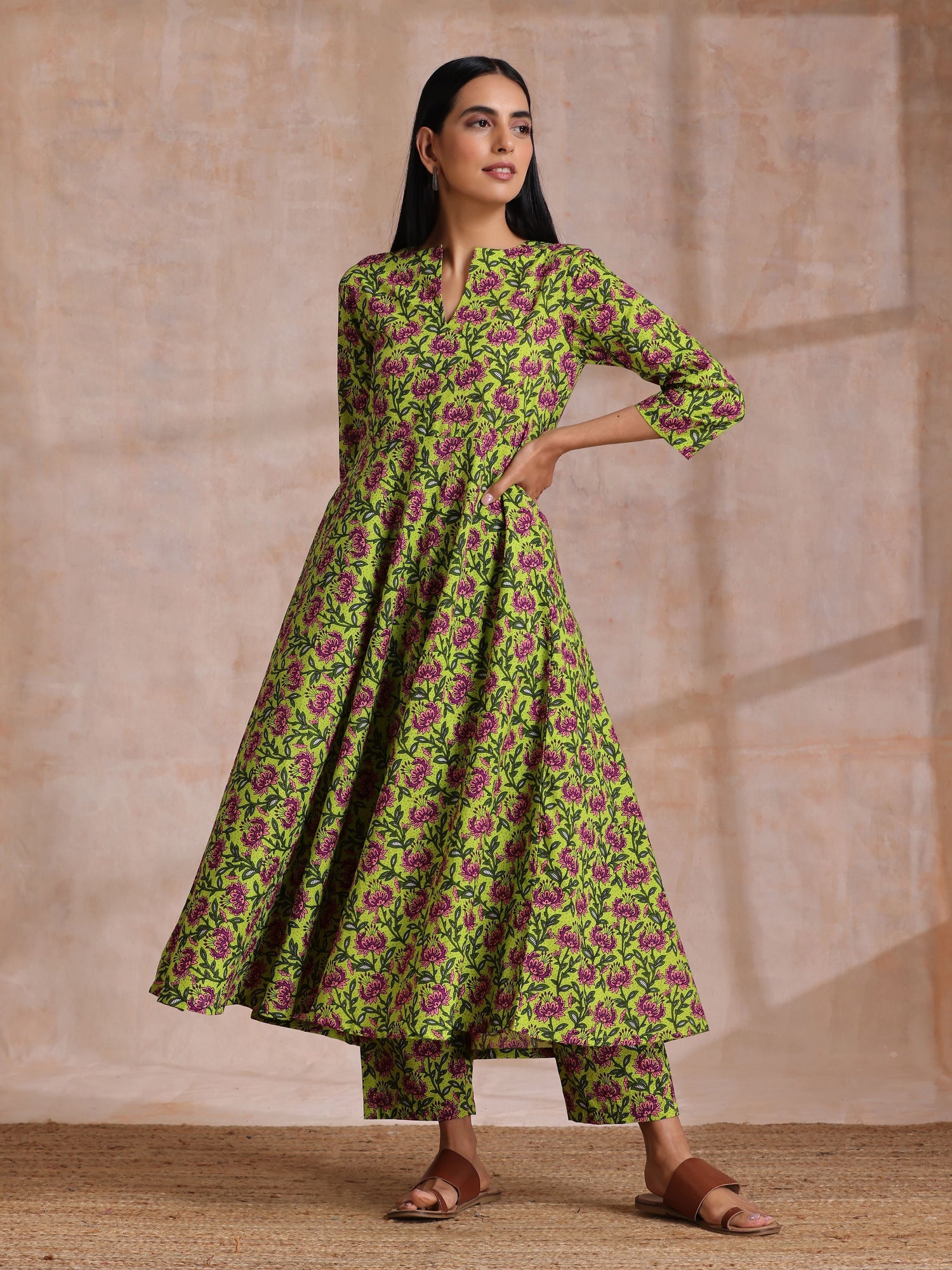 Lime Green Overall Pink Floral Block Print Cotton Flared Kurta Pant Set