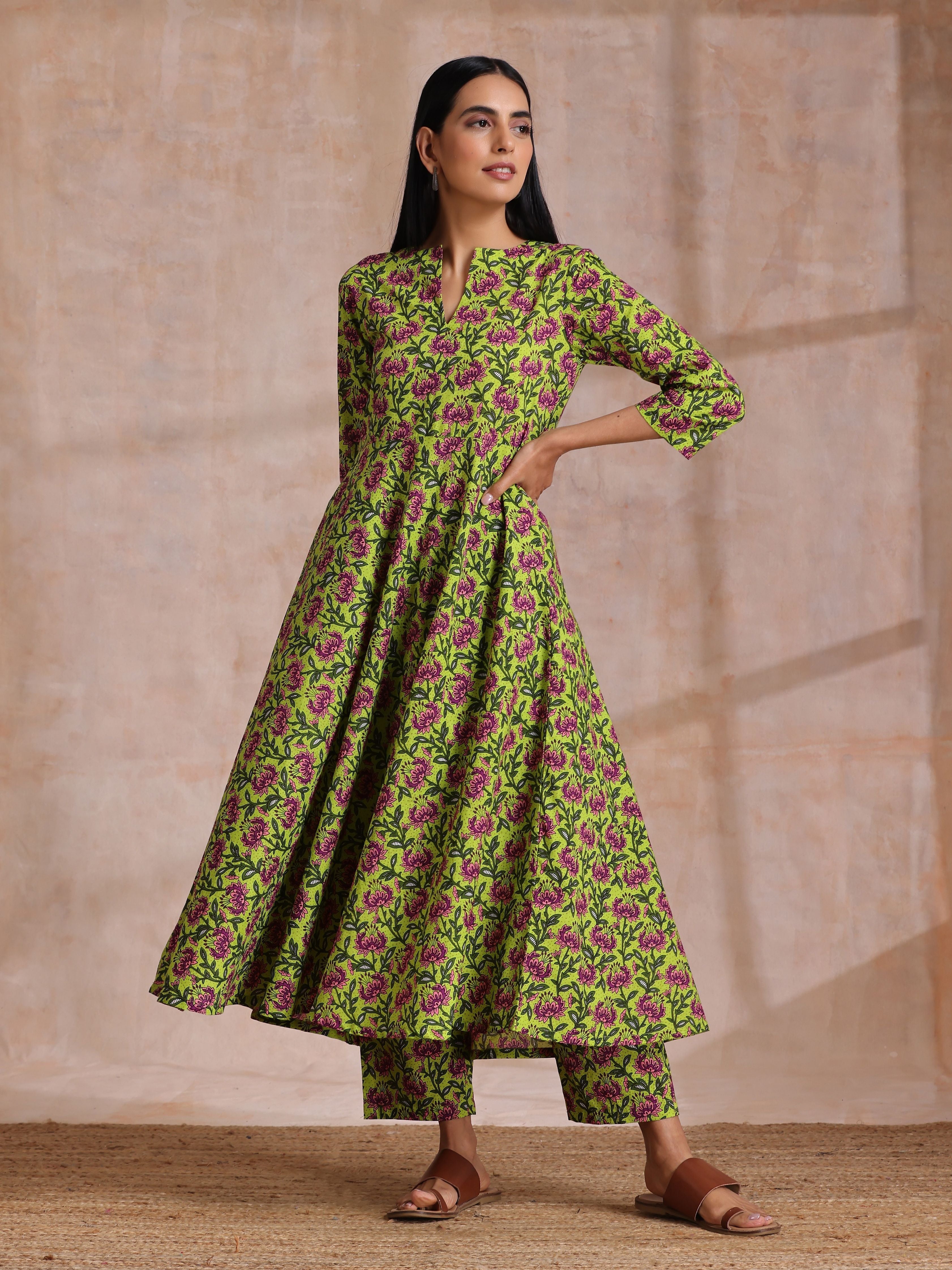 Lime Green Overall Pink Floral Block Print Cotton Flared Kurta Pant Set