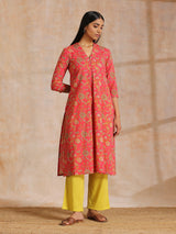 Flamingo Pink Overall Floral Block Print Cotton Slit Kurta Pant Set