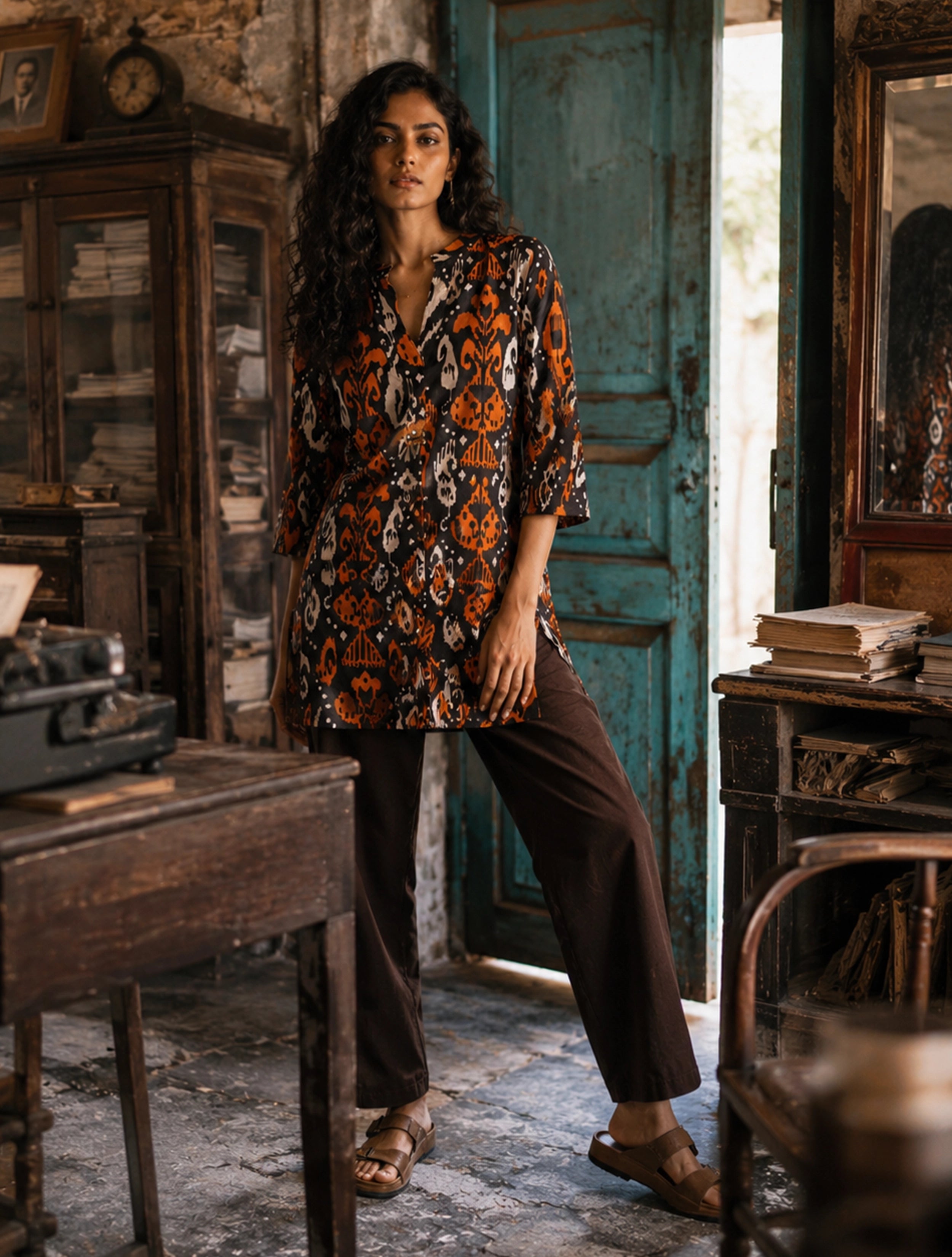 trueBrowns Cola Orange Ikat Print Cotton Co-Ord Set