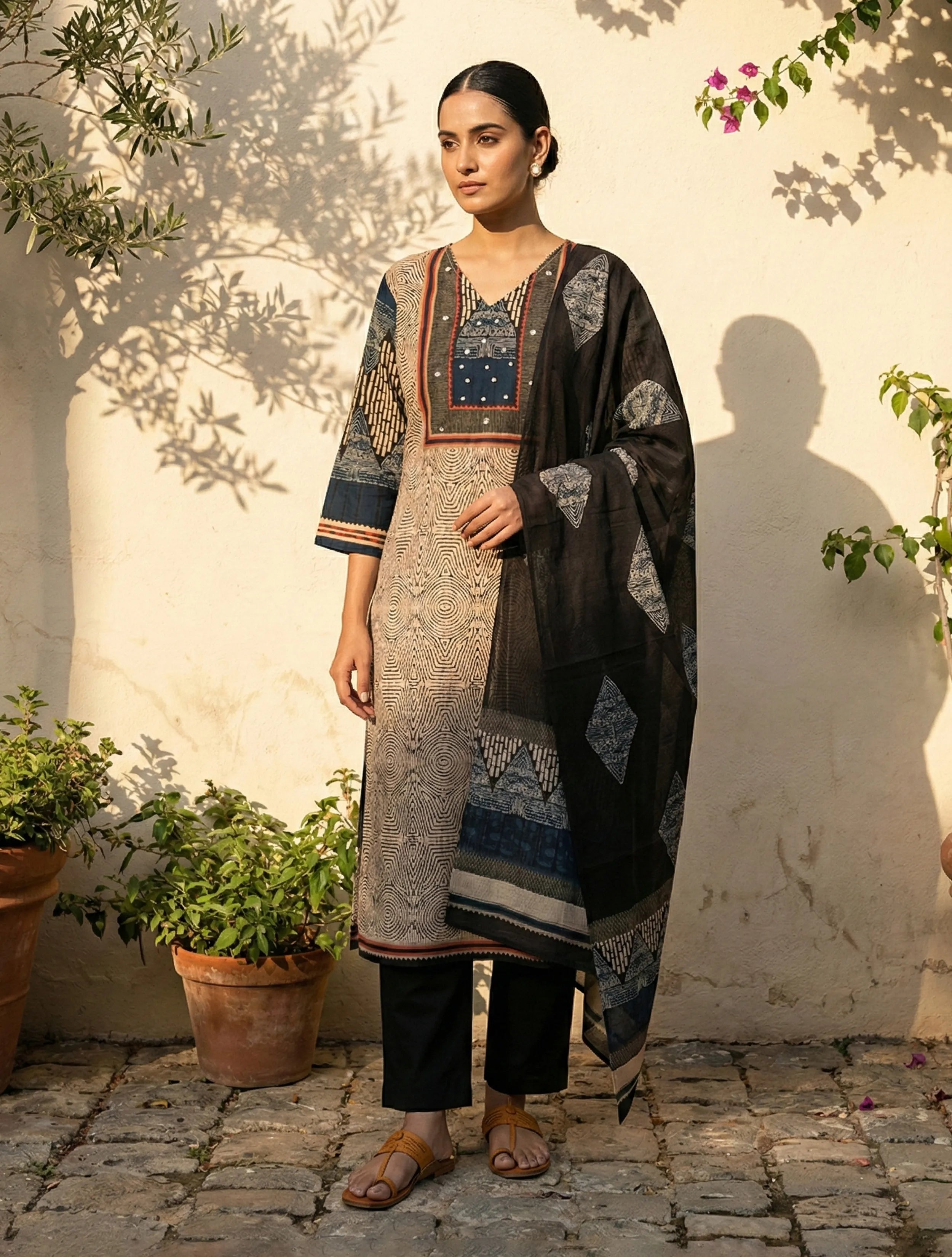 trueBrowns Beige Blue Printed V-Neck Kurta Pant Dupatta Set