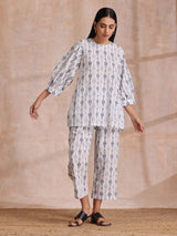 Grey On White Ikat Print Cotton Baggy Sleeve Co-Ord Set