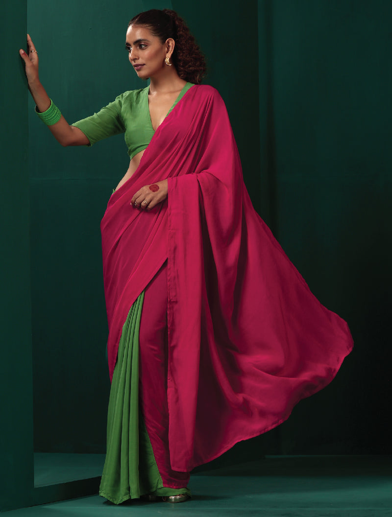 trueBrowns Green Pink Muslin Silk Ready To Wear Saree