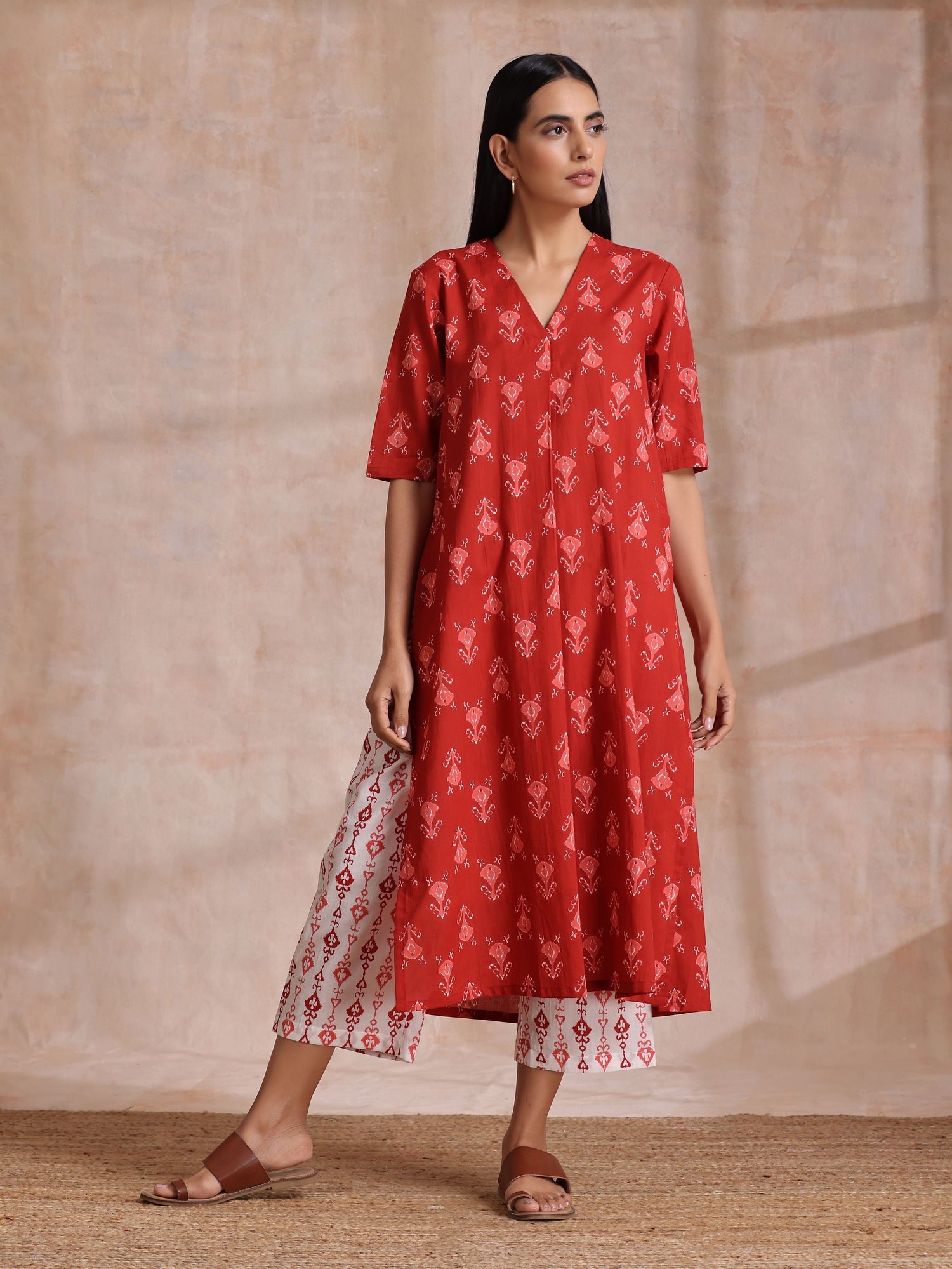 Red On Red Ikat Print Cotton Kurta Pant Set