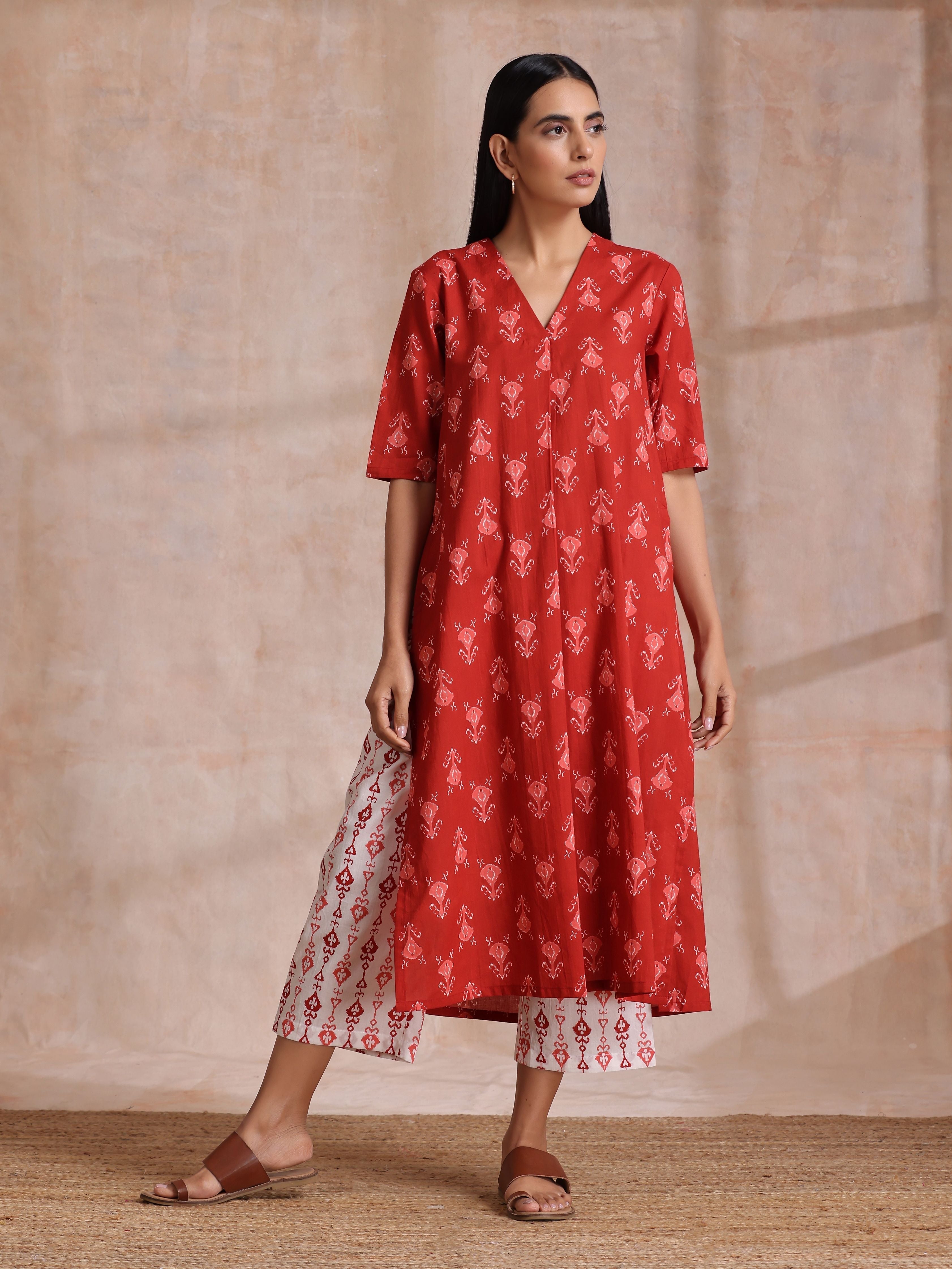 Red On Red Ikat Print Cotton Kurta Pant Set