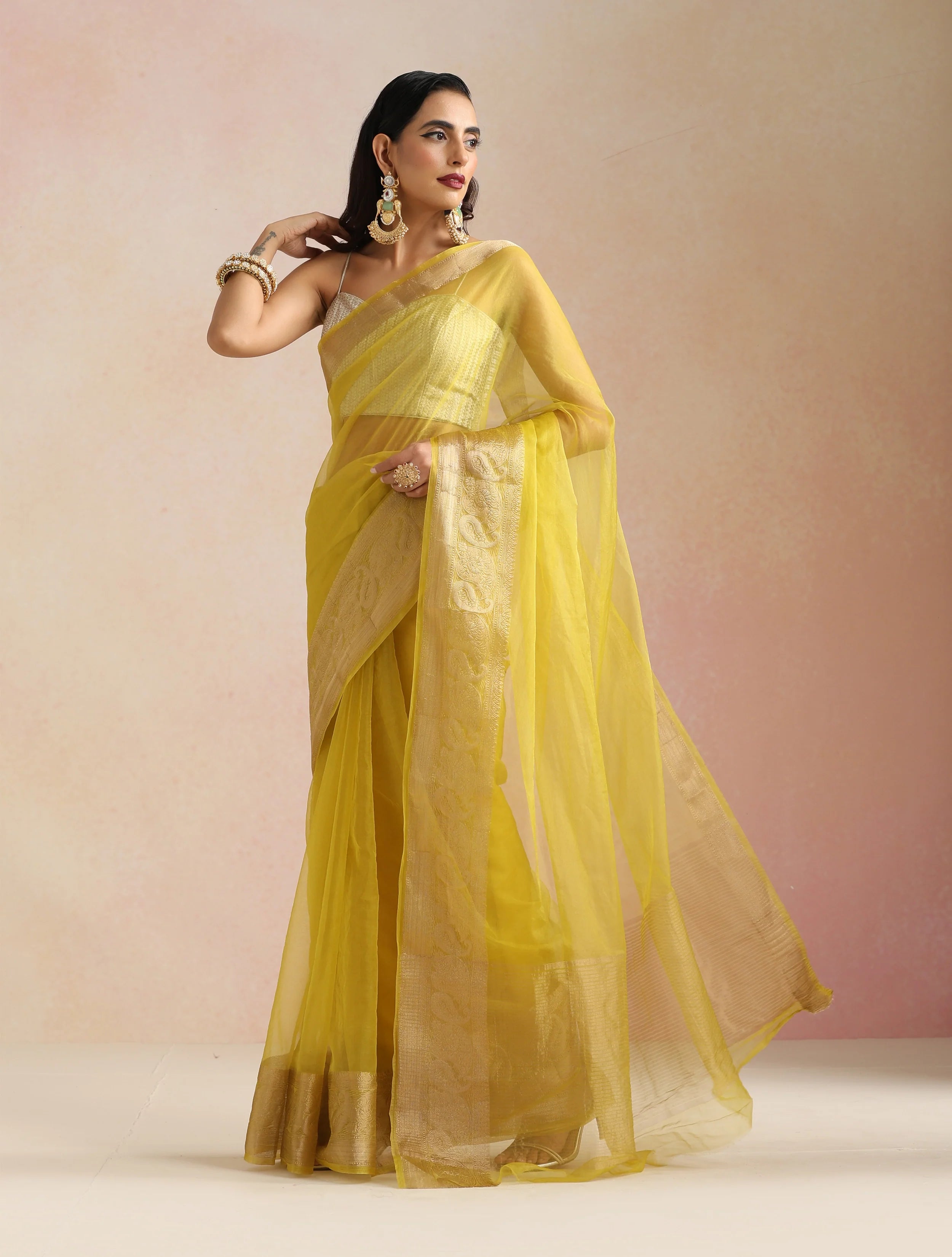 trueBrowns Lime Organza Saree With Unstitched Blouse