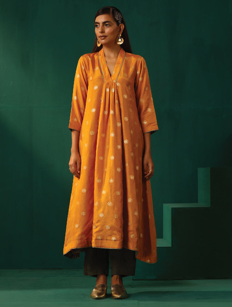 trueBrowns Mustard Geometric Floral Viscose Silk Kurta Pant Set