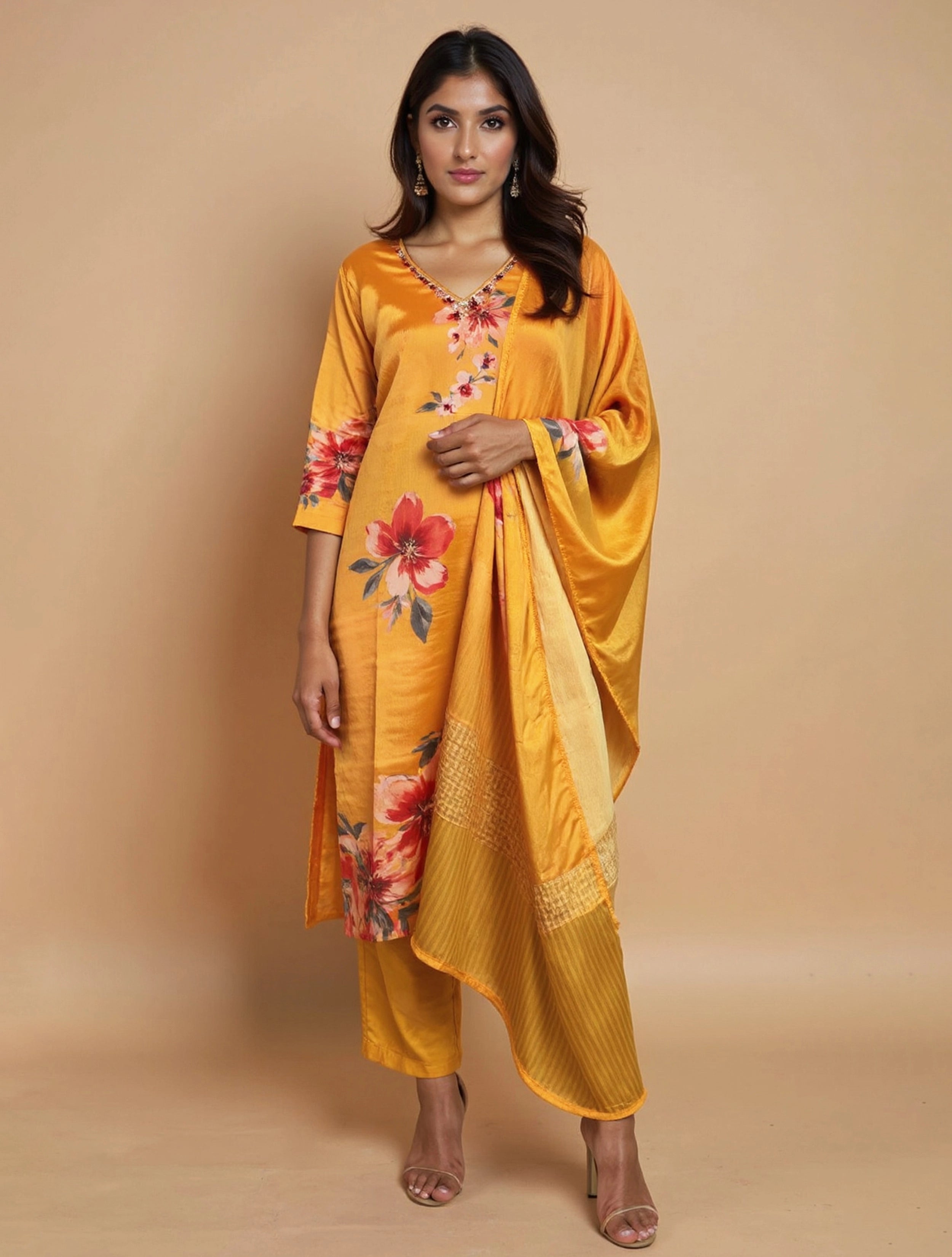 trueBrowns Yellow Floral V-Neck Emb Straight Kurta Pant Dupatta Set