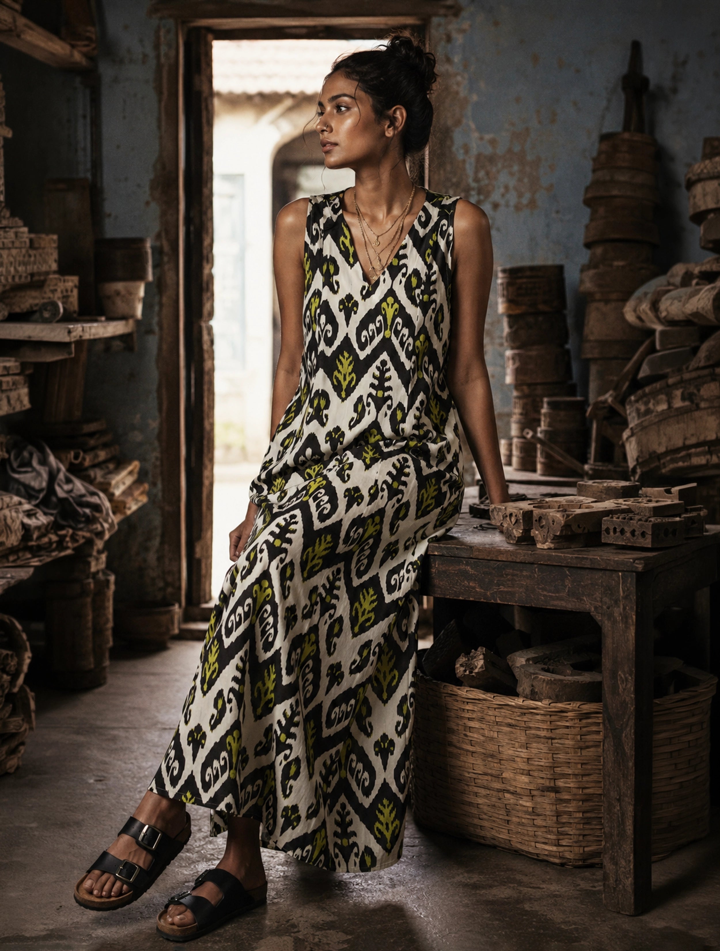 trueBrowns Black White Ikat Print Cotton Poplin Sleeveless Long Dress
