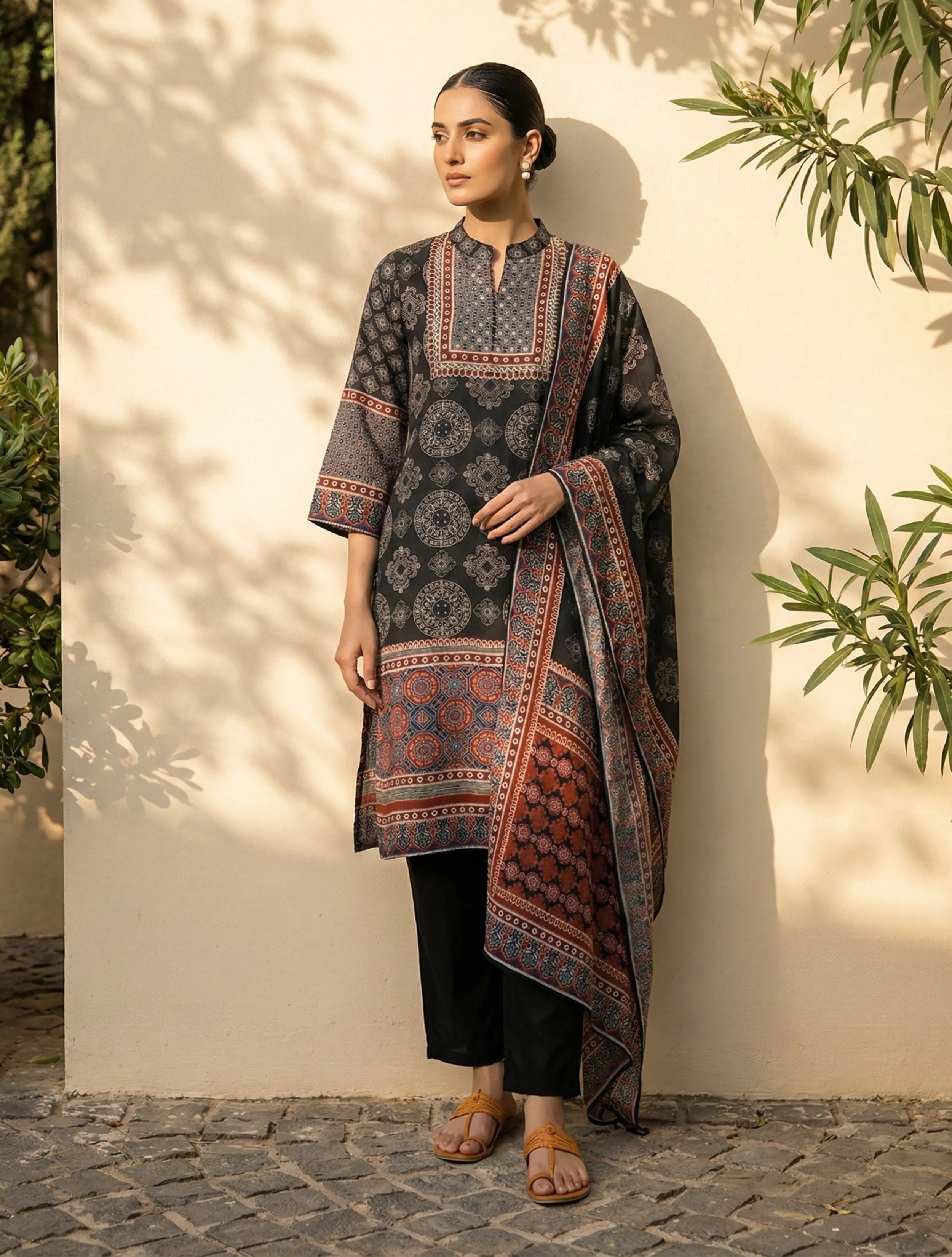 trueBrowns Black Print Embroidered Kurta Pant Dupatta Set