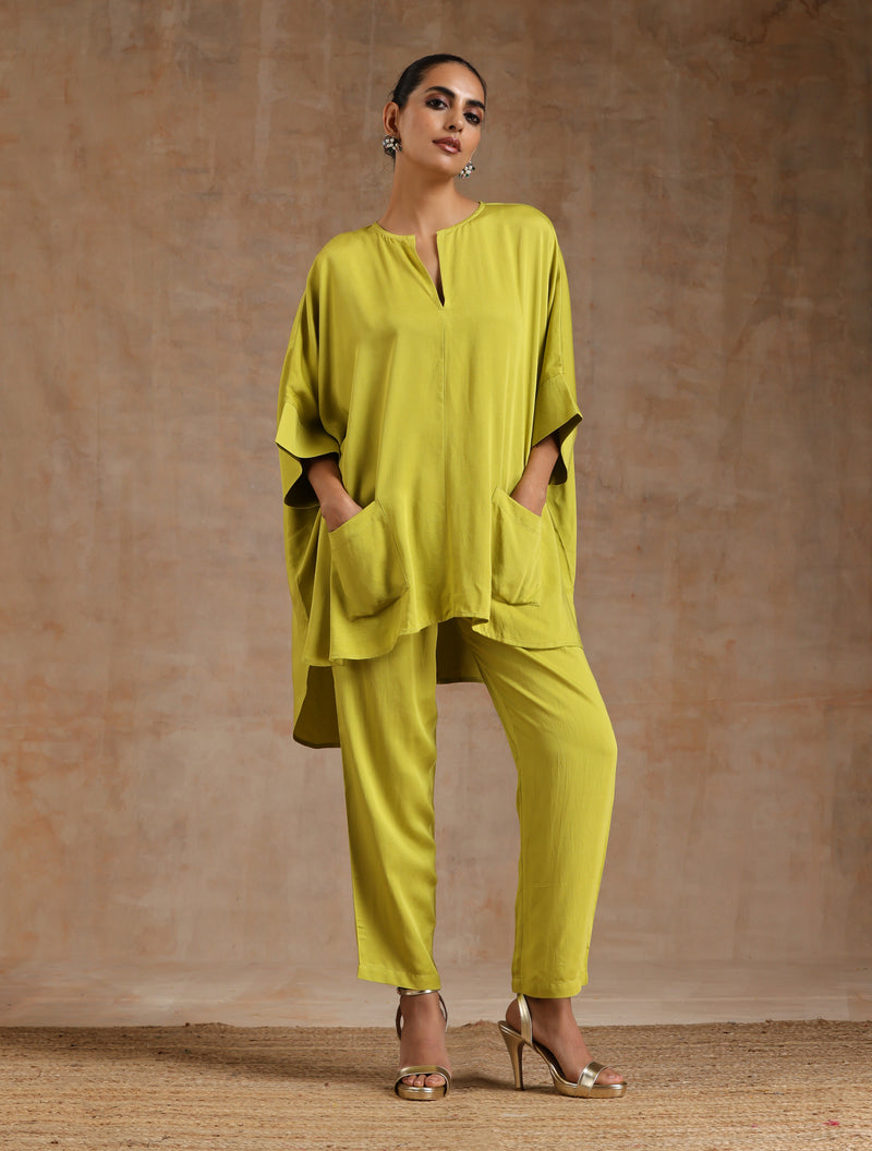 Lime Modal Satin Boxy Fit High-Low Co-Ord Set