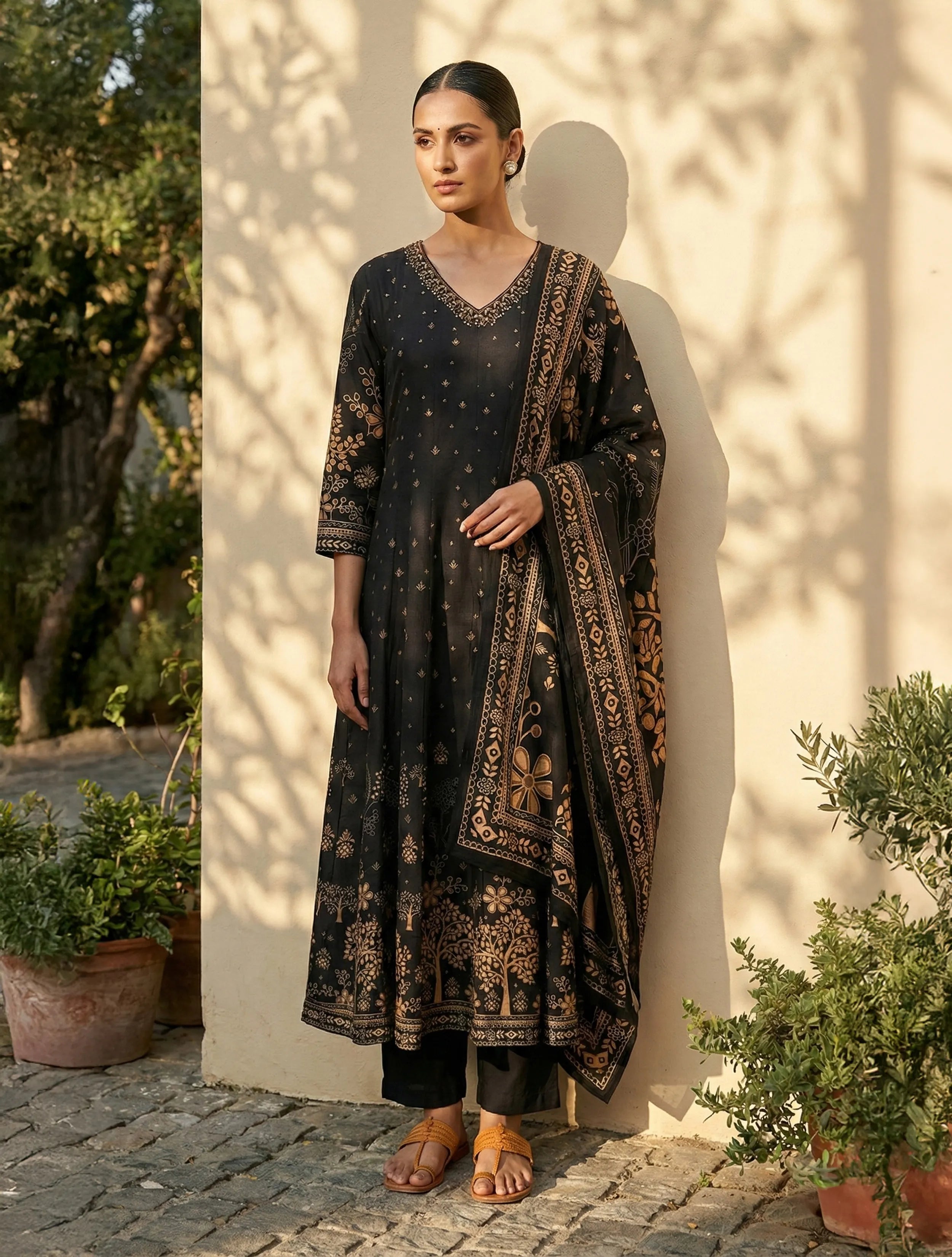 trueBrowns Black Print Embroidered Anarkali Kurta Pant Dupatta Set