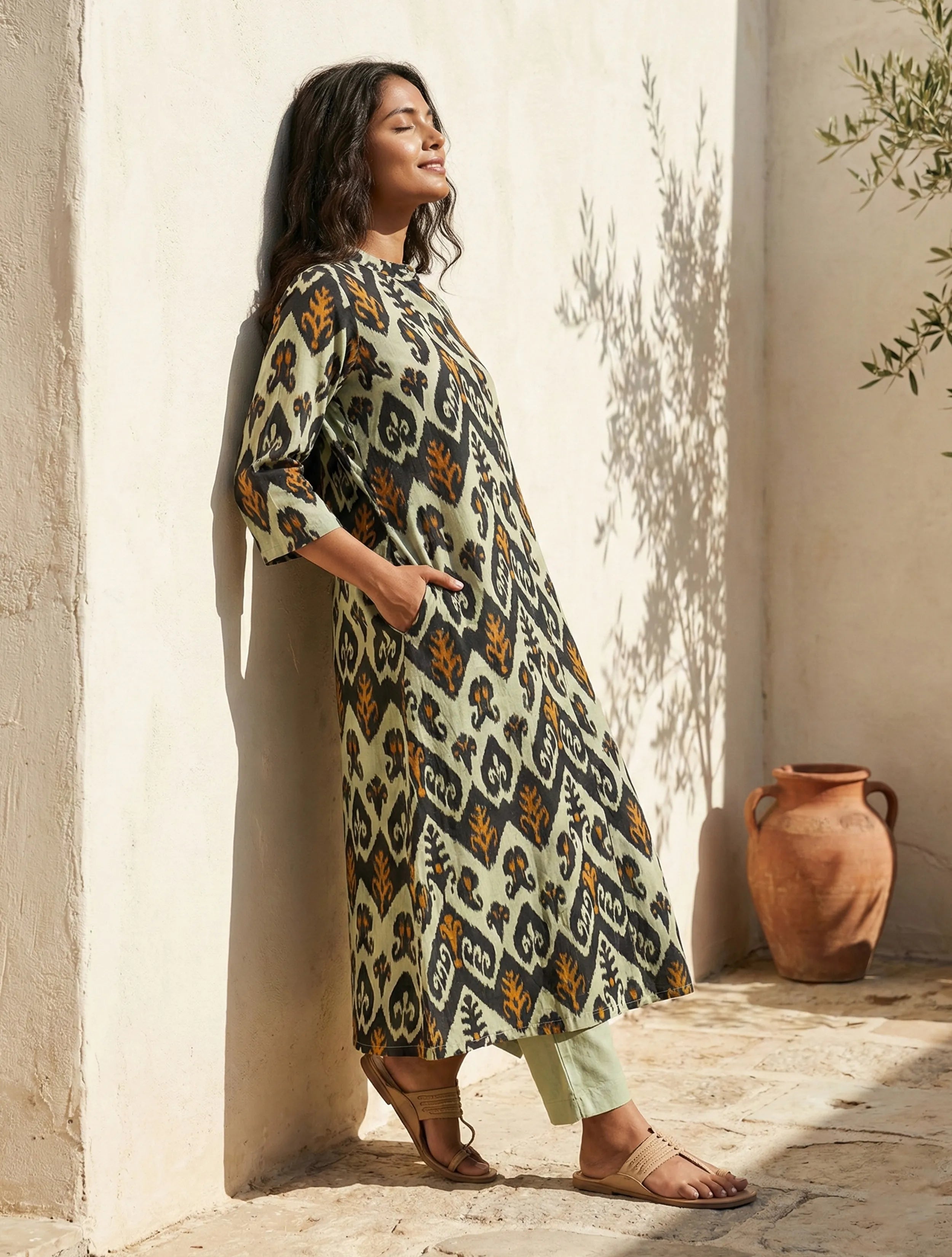 trueBrowns Mint Green Ikat Print Cotton Kurta Set