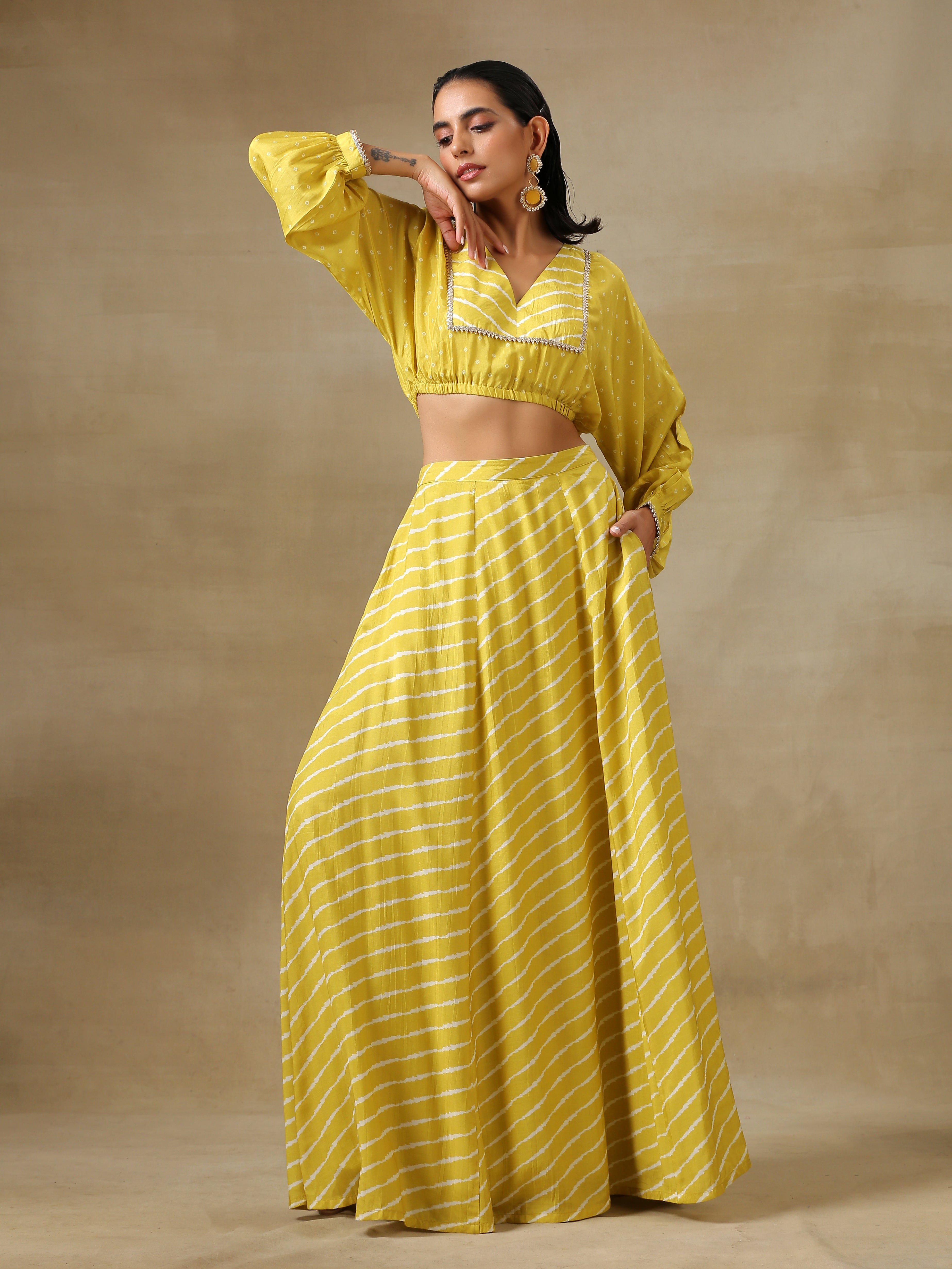 Lime Green Bandhani Printed Silk Top Skirt Set