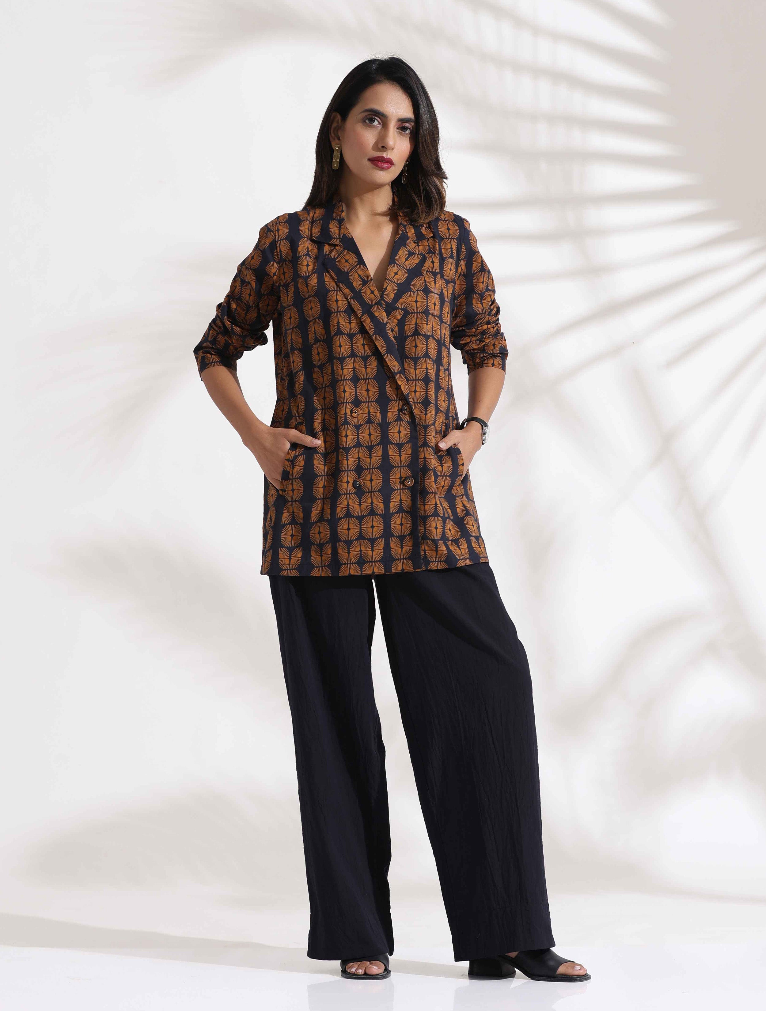 trueBrowns Black Cotton Print Jacket Top Co-ord Set