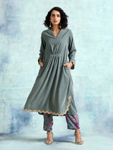 Grey Velvet Lace Kurta Pant Set