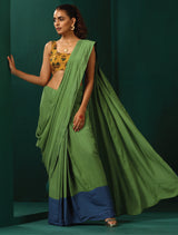 trueBrowns Green Muslin Silk Ready To Wear Saree