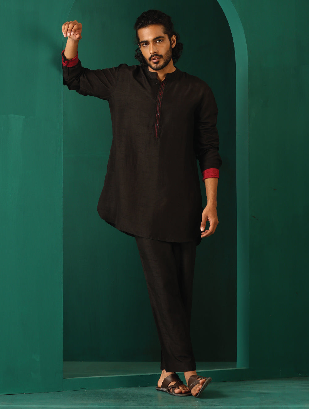 trueBrowns Men Black Silk Co-ord Set Stitch Detail