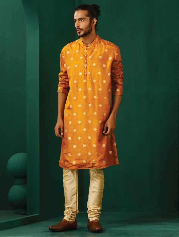 trueBrowns Men Mustard Geometric Floral Viscose Silk Long Kurta