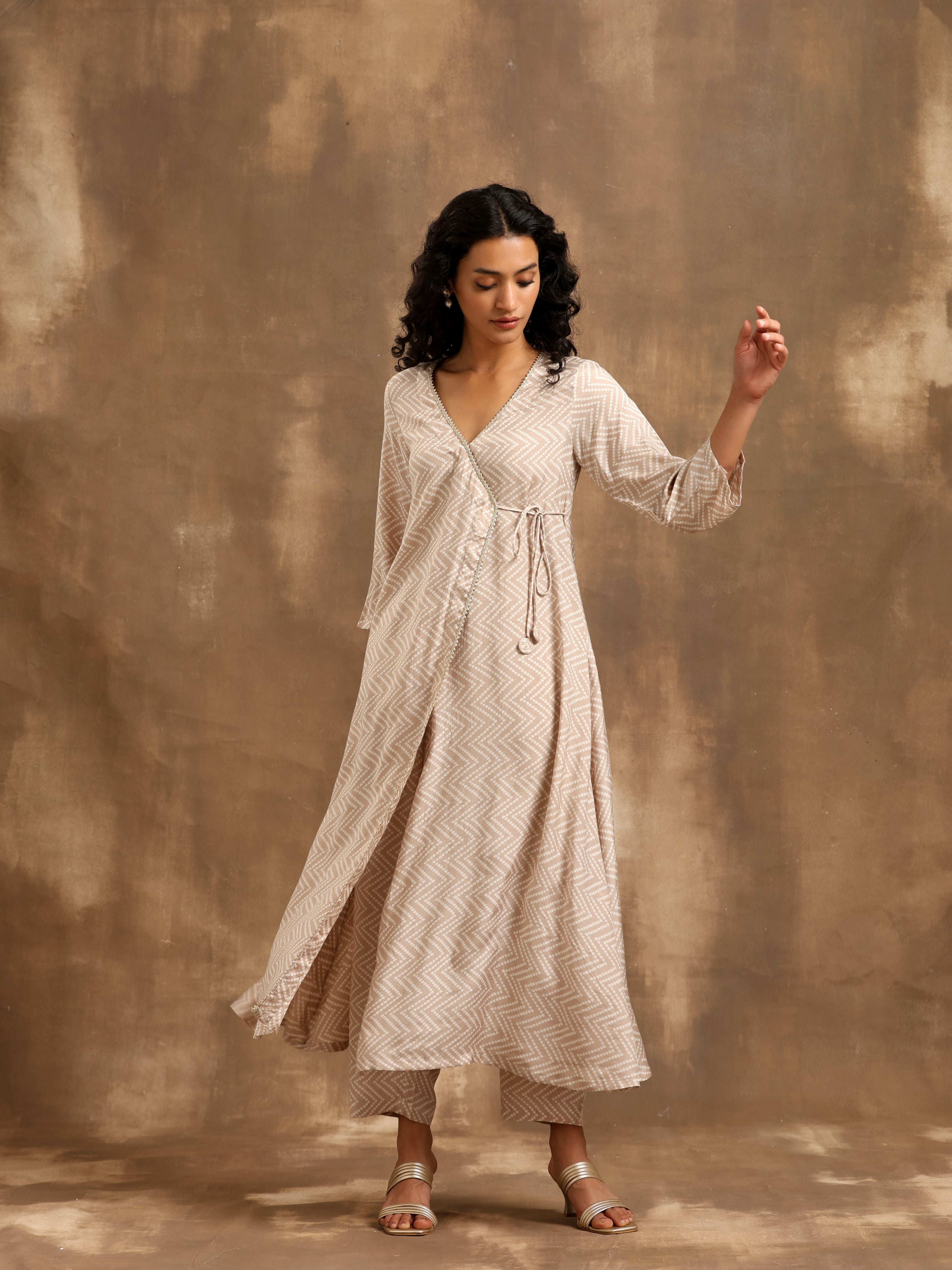 Beige Zig-Zag Print Silk Angrakha Kurta Pant Set