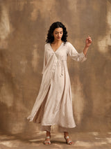 Beige Zig-Zag Print Silk Angrakha Kurta Pant Set