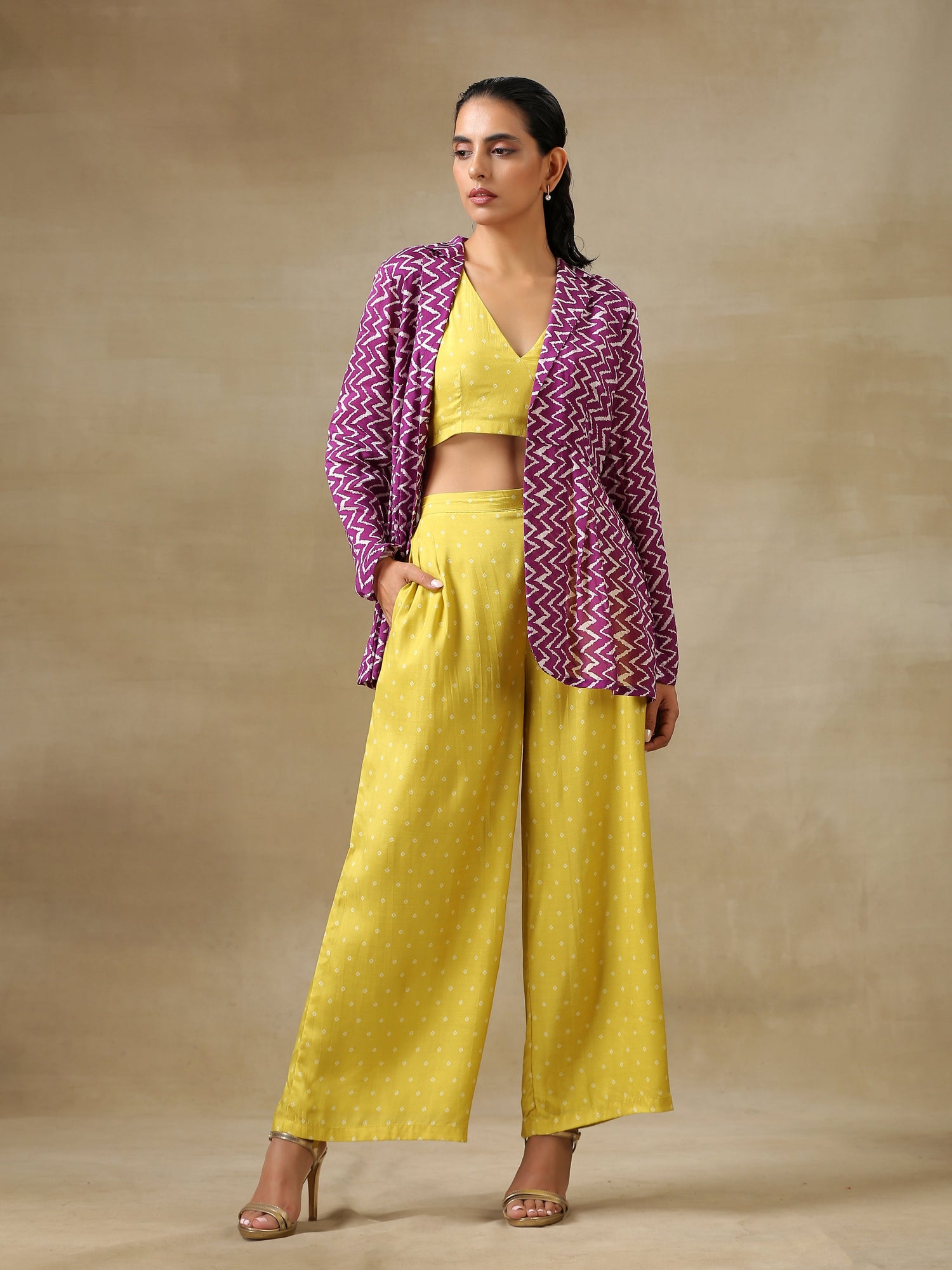 Lime Green Bandhani Printed Silk Top Pant with Purple Printed Jacket Set