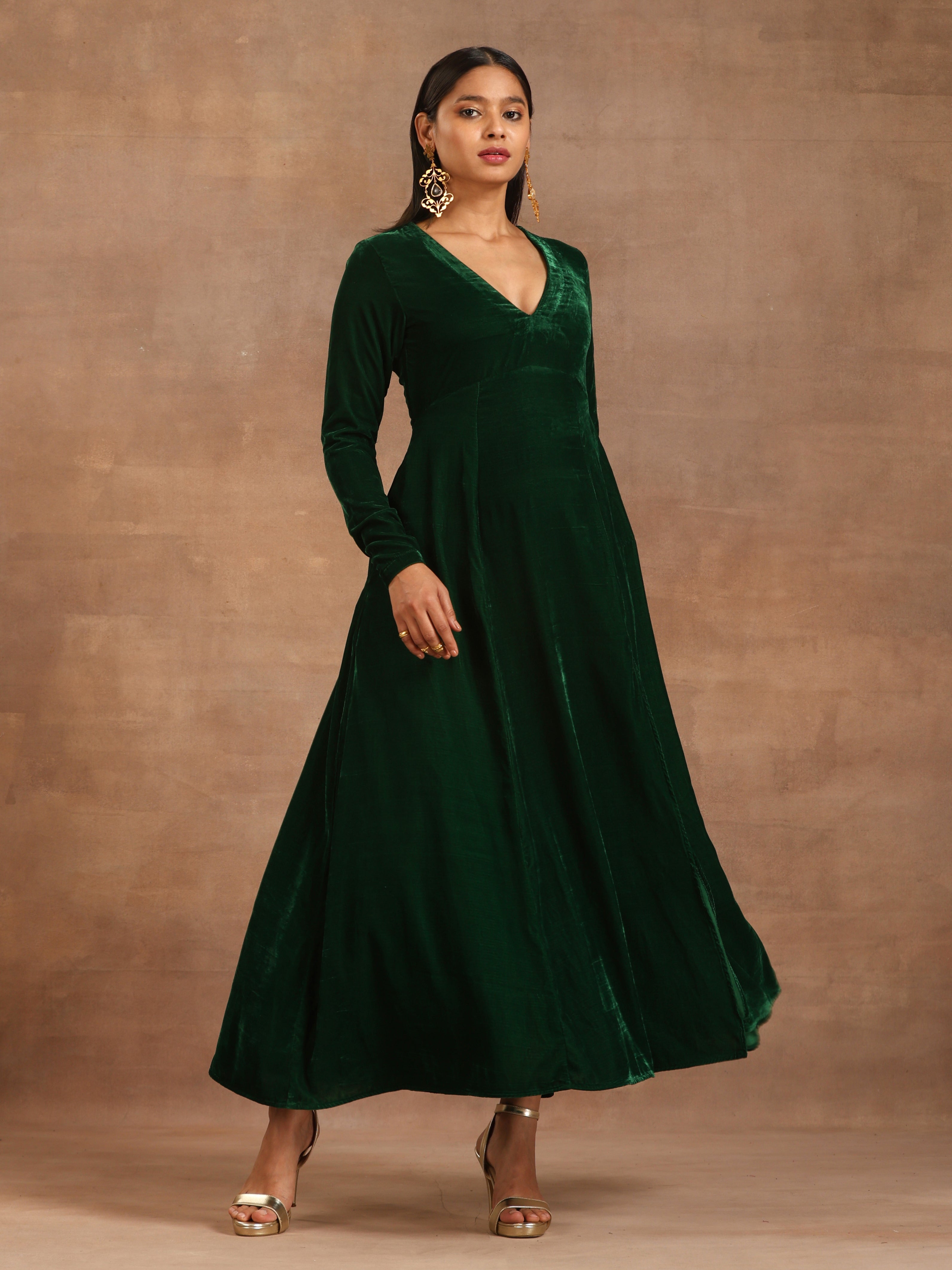 Green Chiffon Sleeve Gown | Dark Green Velvet Maxi Dress | Bombshell