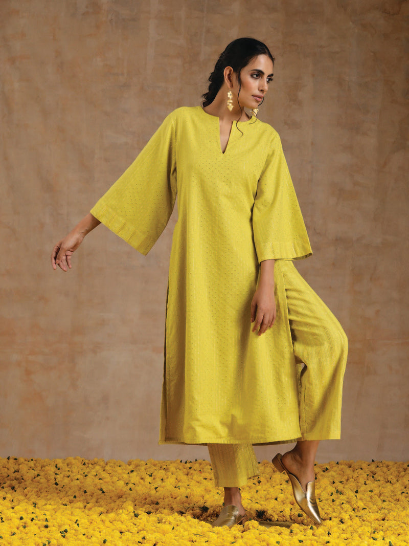 Lime Gold Cotton Relax High Slit Kurta Set
