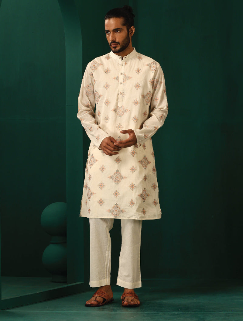 trueBrowns Men Ivory Peach Embroidered Kurta