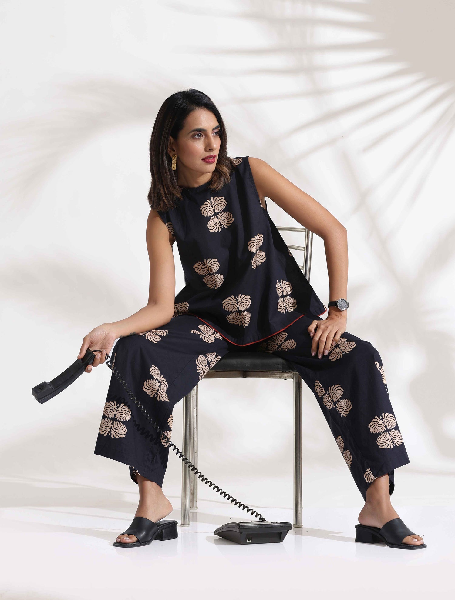 trueBrowns Black Cotton Print Top & Flared Pants Co-ord Set