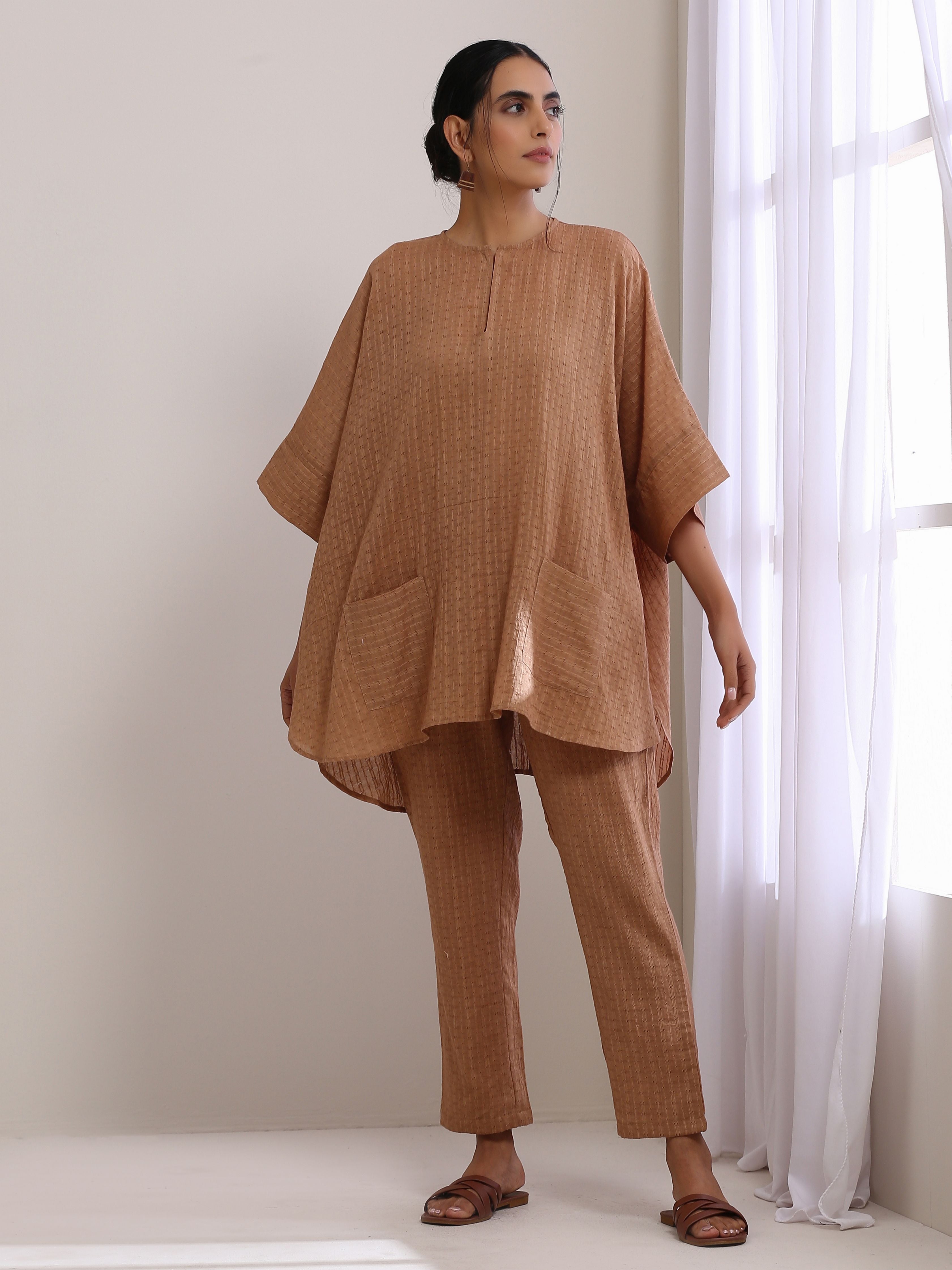 Beige Dobby Boxy Fit High-Low Co-Ord Set