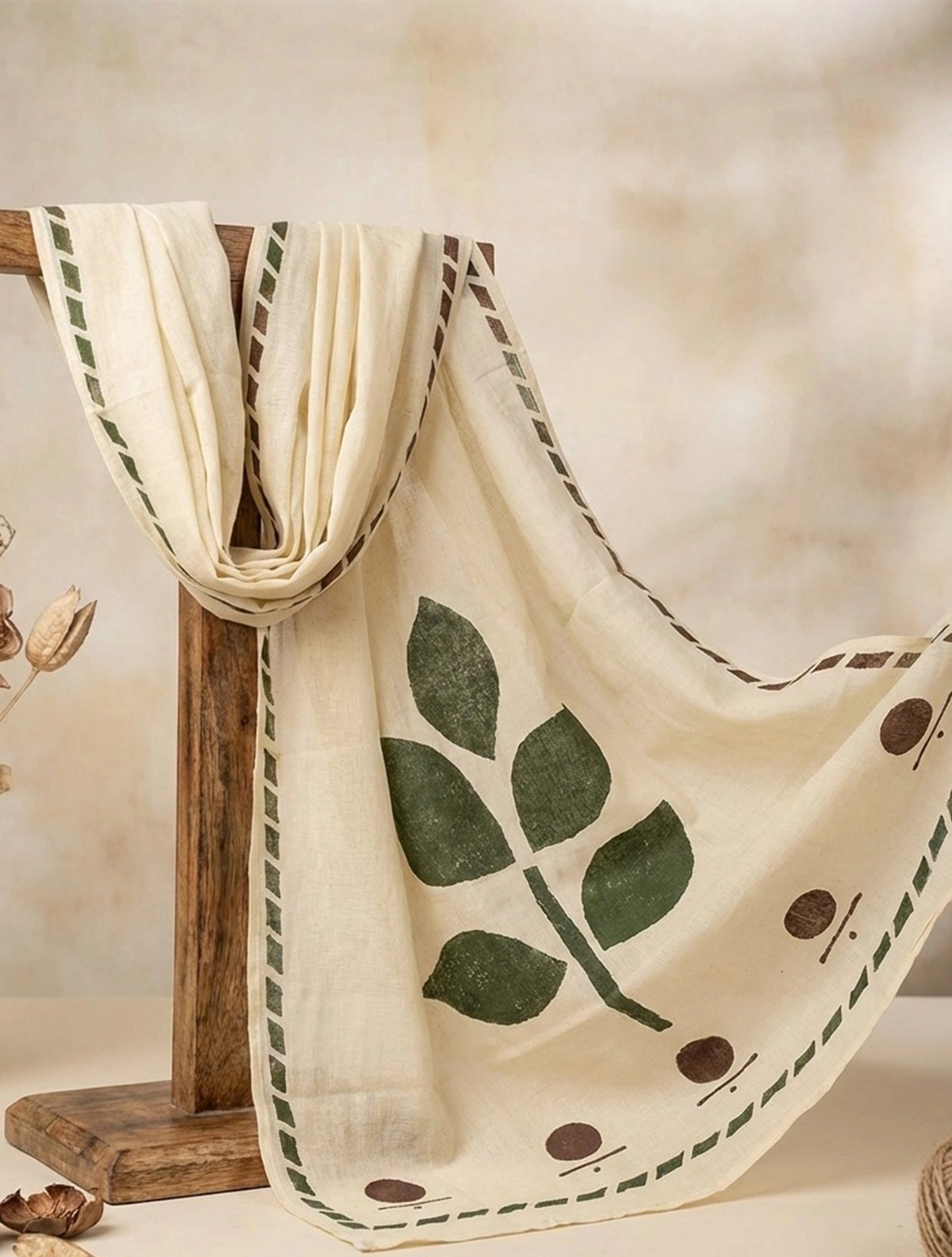 trueBrowns Leaf Life Hand Block Print Cotton Scarf