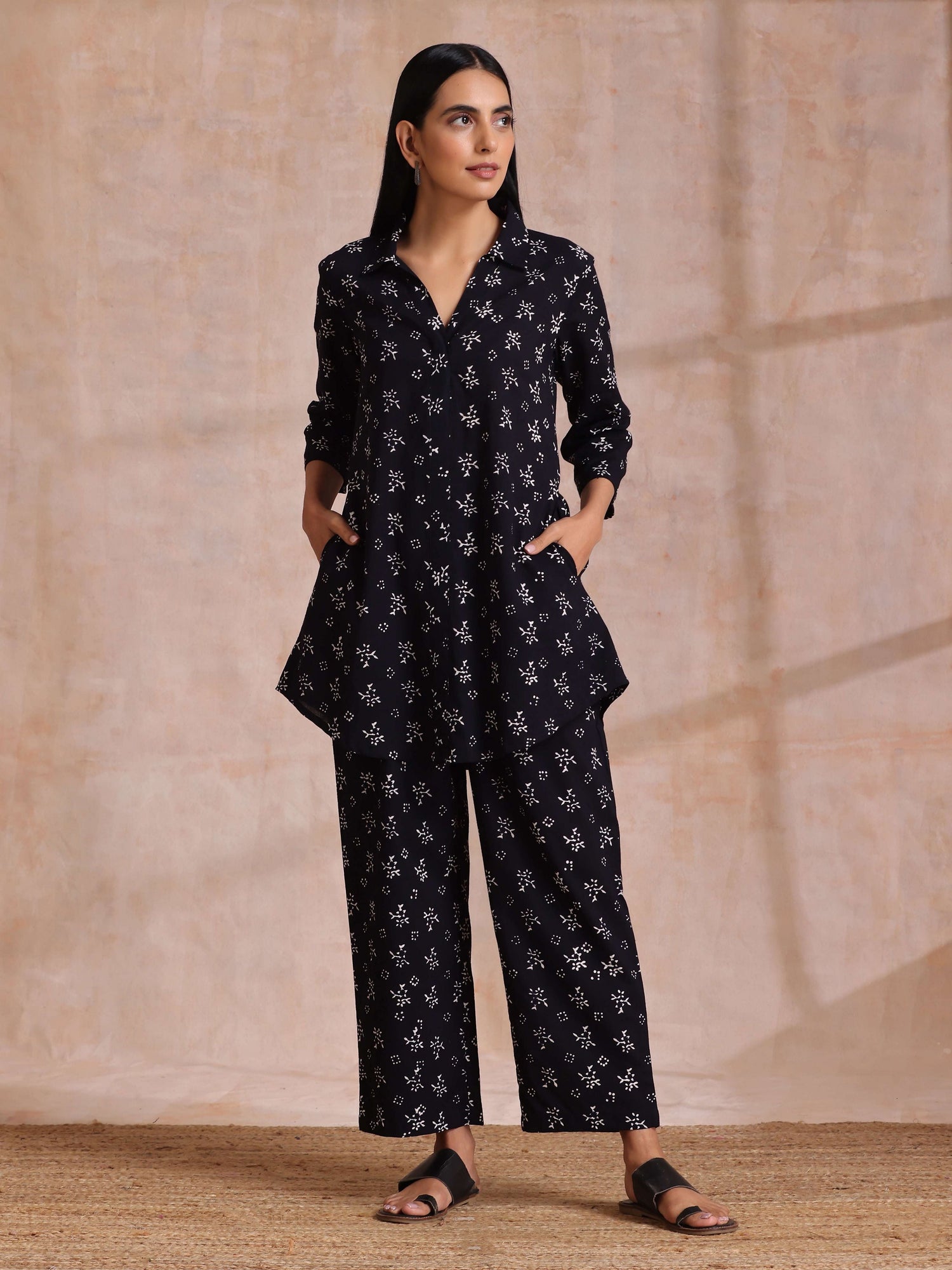 Black White Floral Print Cotton Collar Short Co-Ord Set