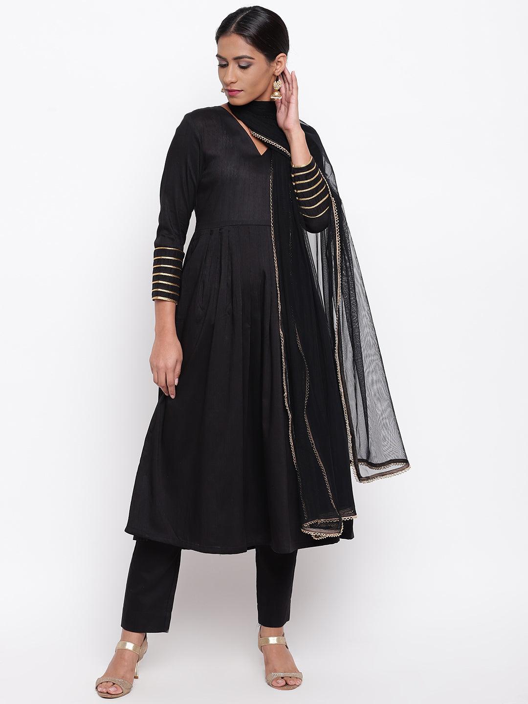 Black Embellished Sleeve Kurta-Pant-Dupatta - trueBrowns