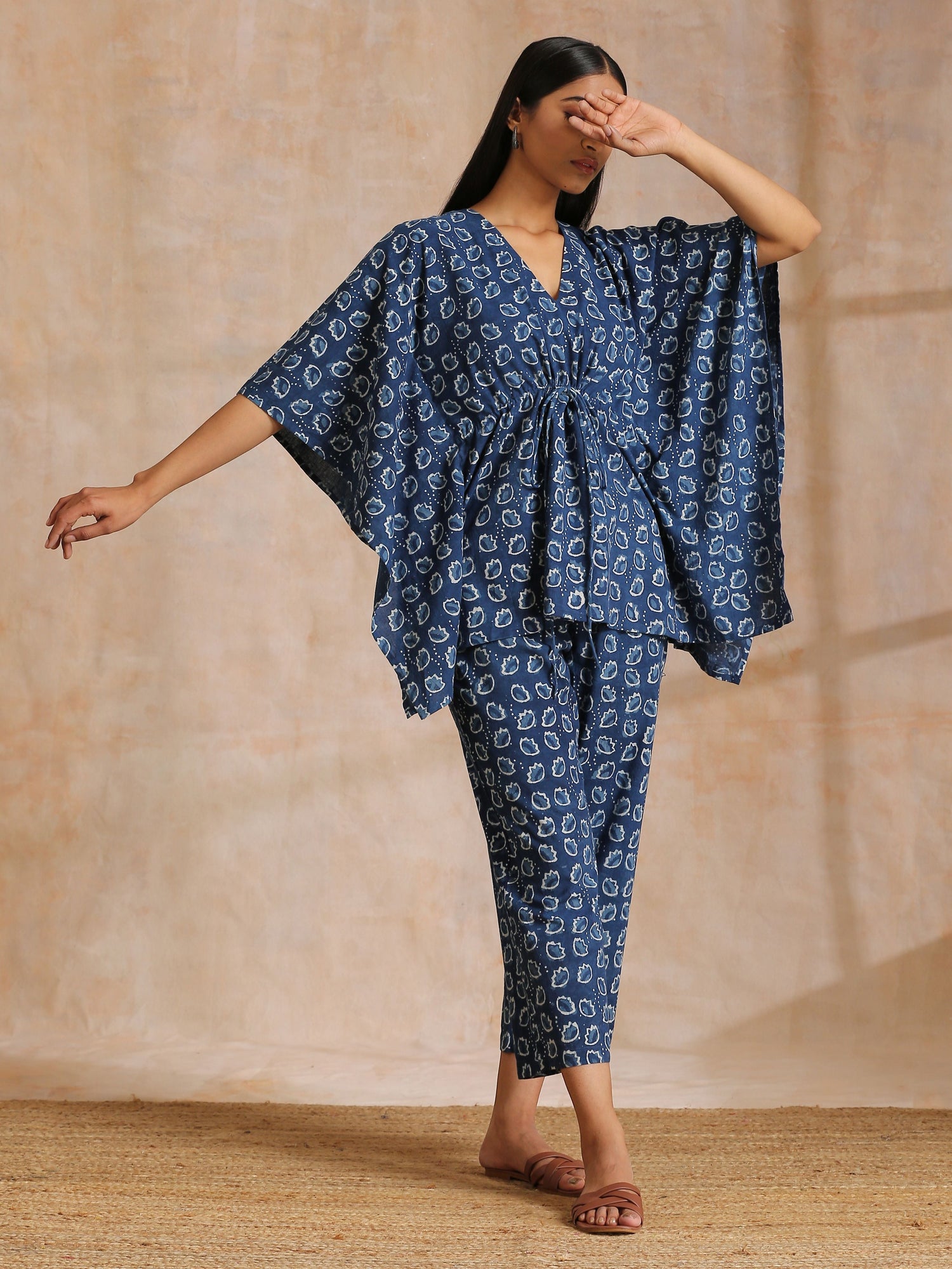 Indigo Dabu Floral Print Cotton Kaftan Co-Ord Set