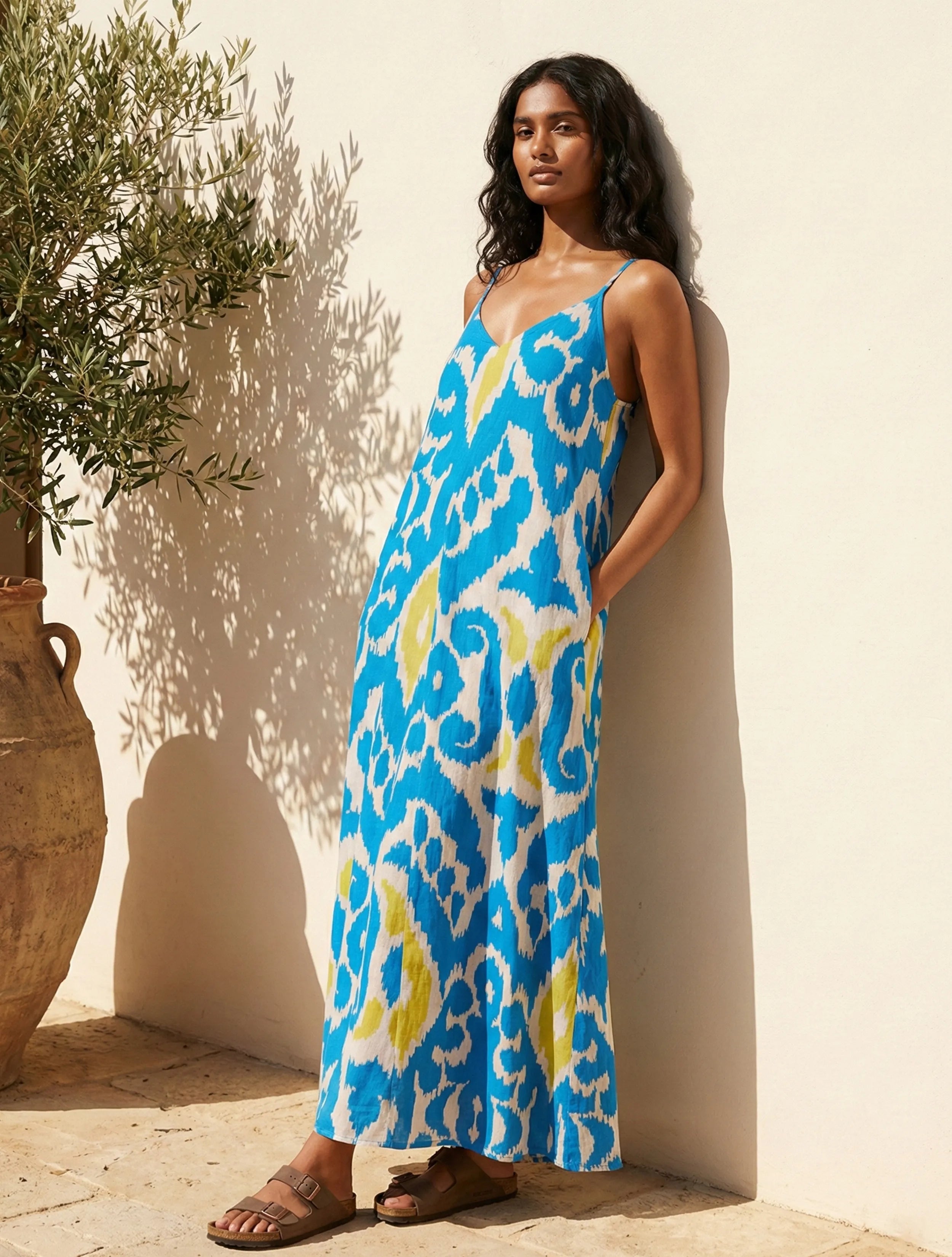trueBrowns Blue Ikat Print Cotton Mull Strappy Maxi Dress