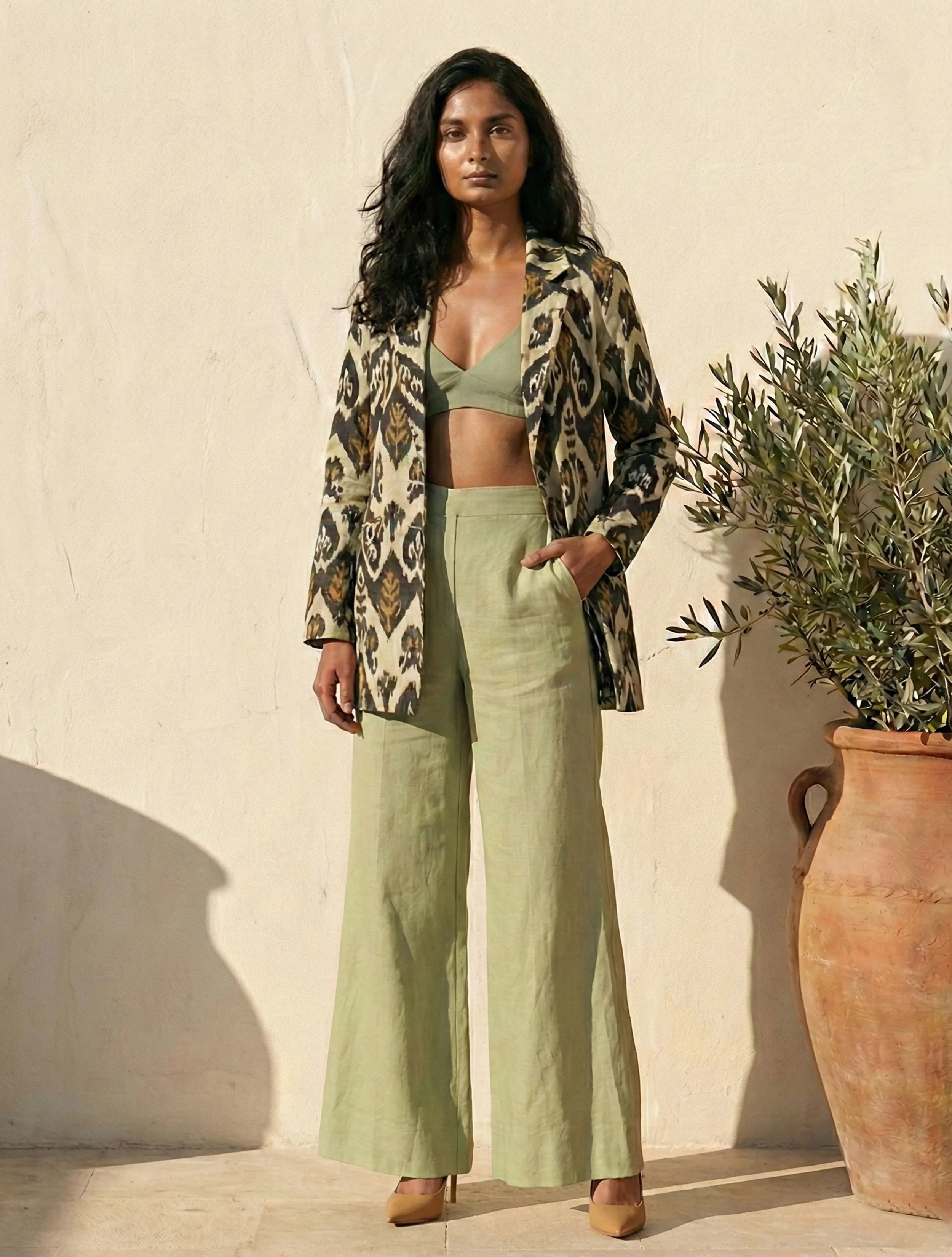 trueBrowns Mint Green Ikat Print Cotton Poplin Blazer Co-Ord Set