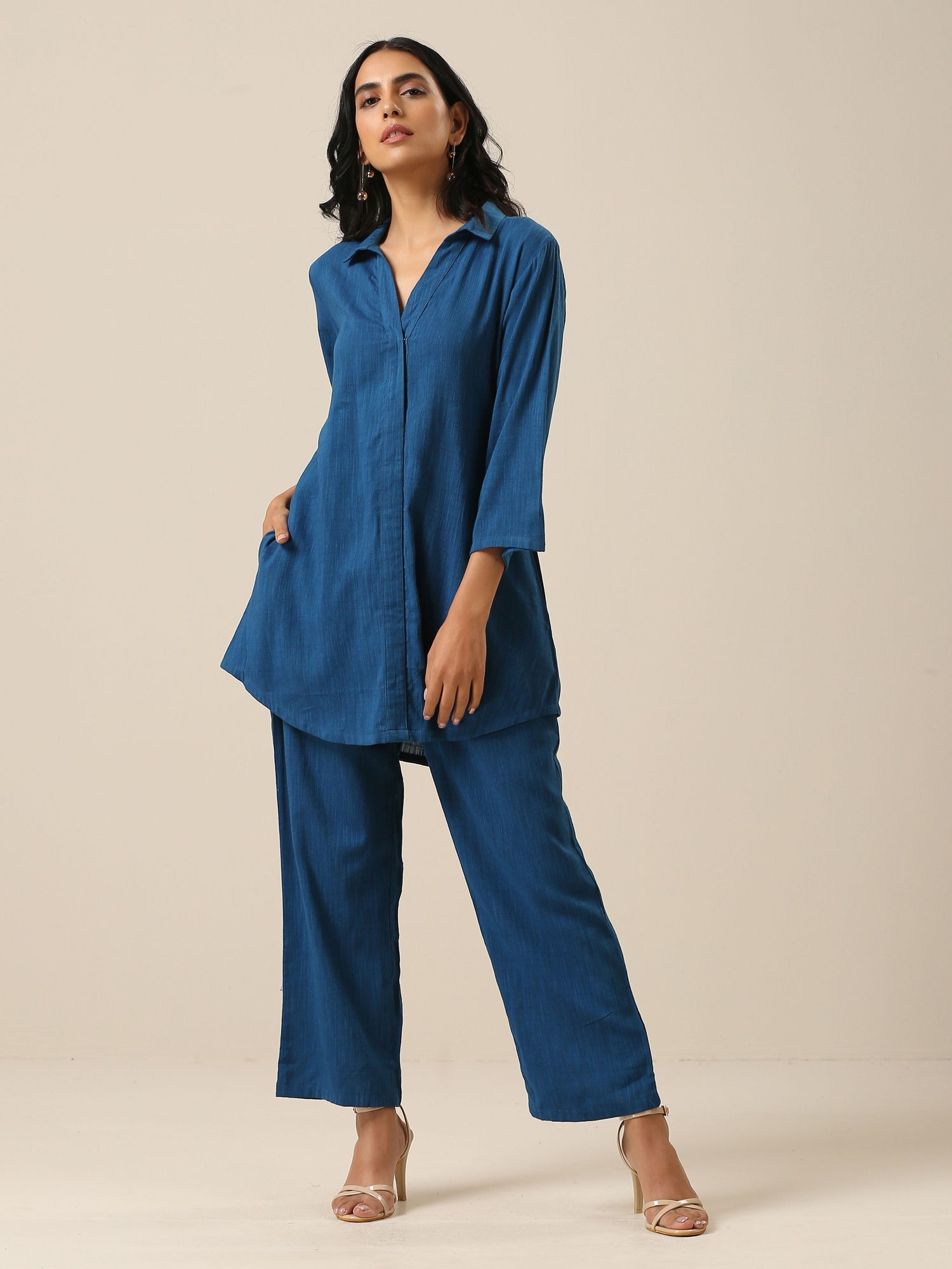 Classic Blue Slub Texture Collar Short Co-Ord Set