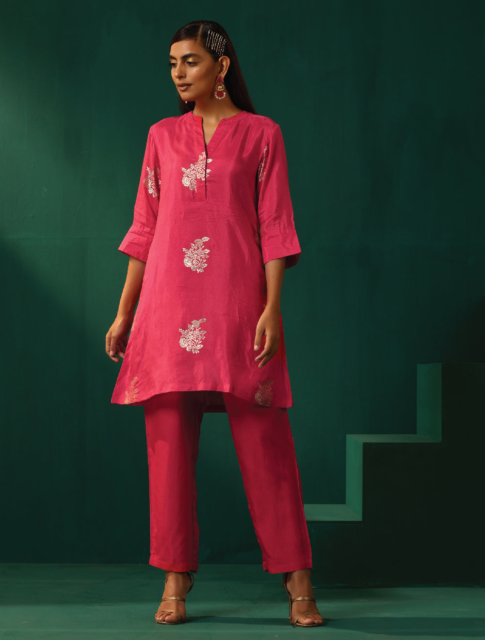 trueBrowns Pink Floral Viscose Silk Co-ord  Set