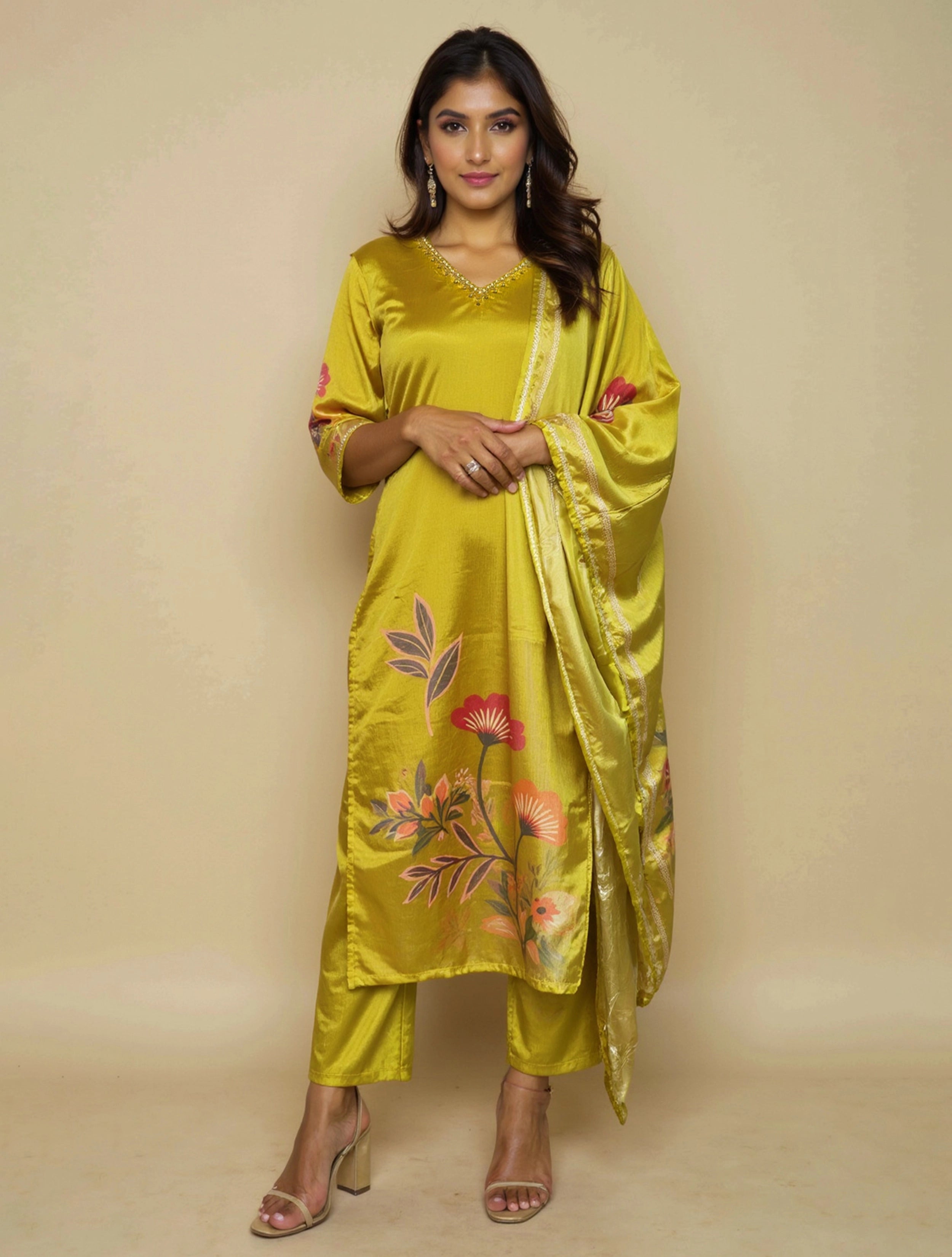 trueBrowns Green Floral V-Neck Emb Straight Kurta Pant Dupatta Set