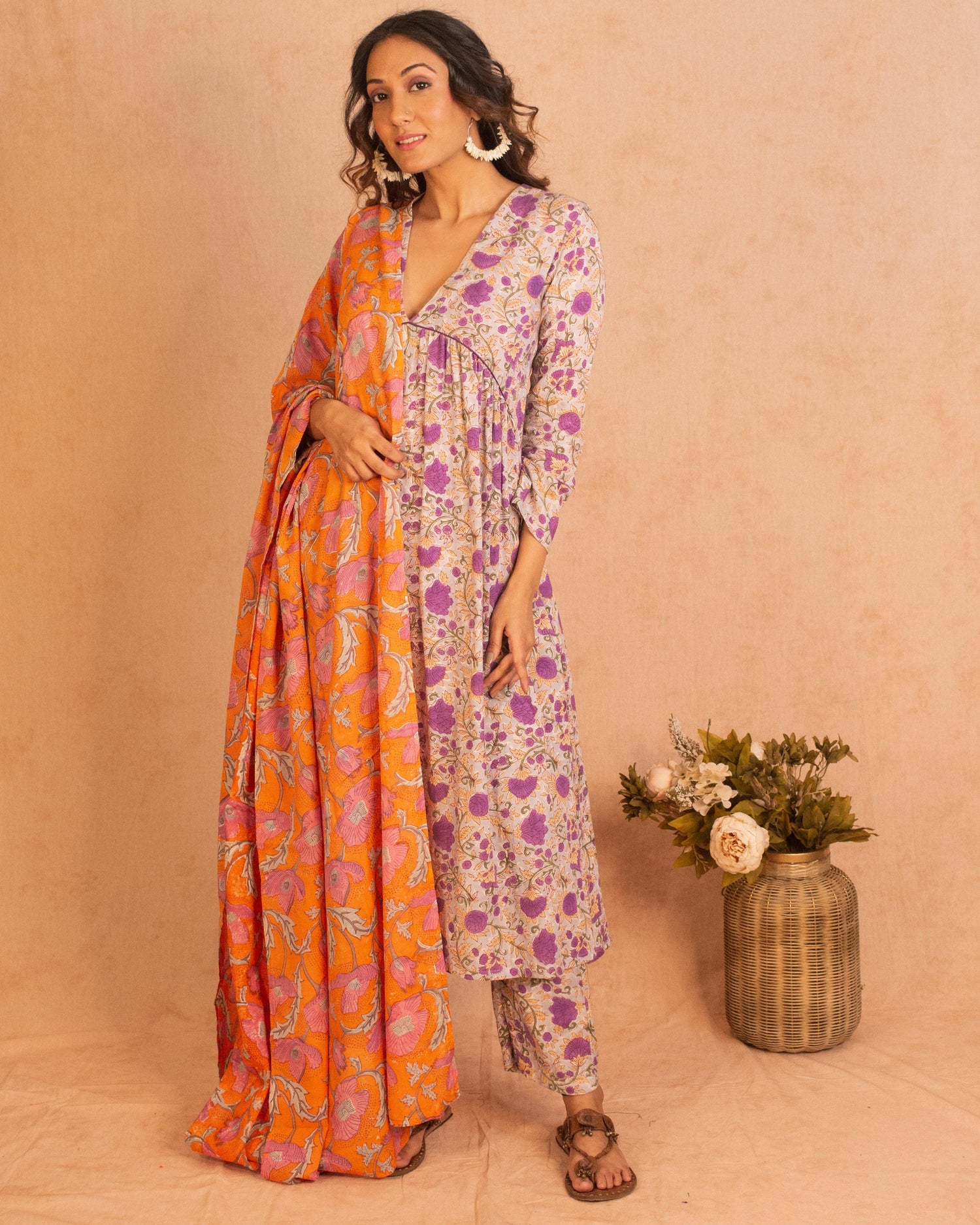Purple Hand Block Printed Flared Silk Kurta Pant Dupatta Set - trueBrowns