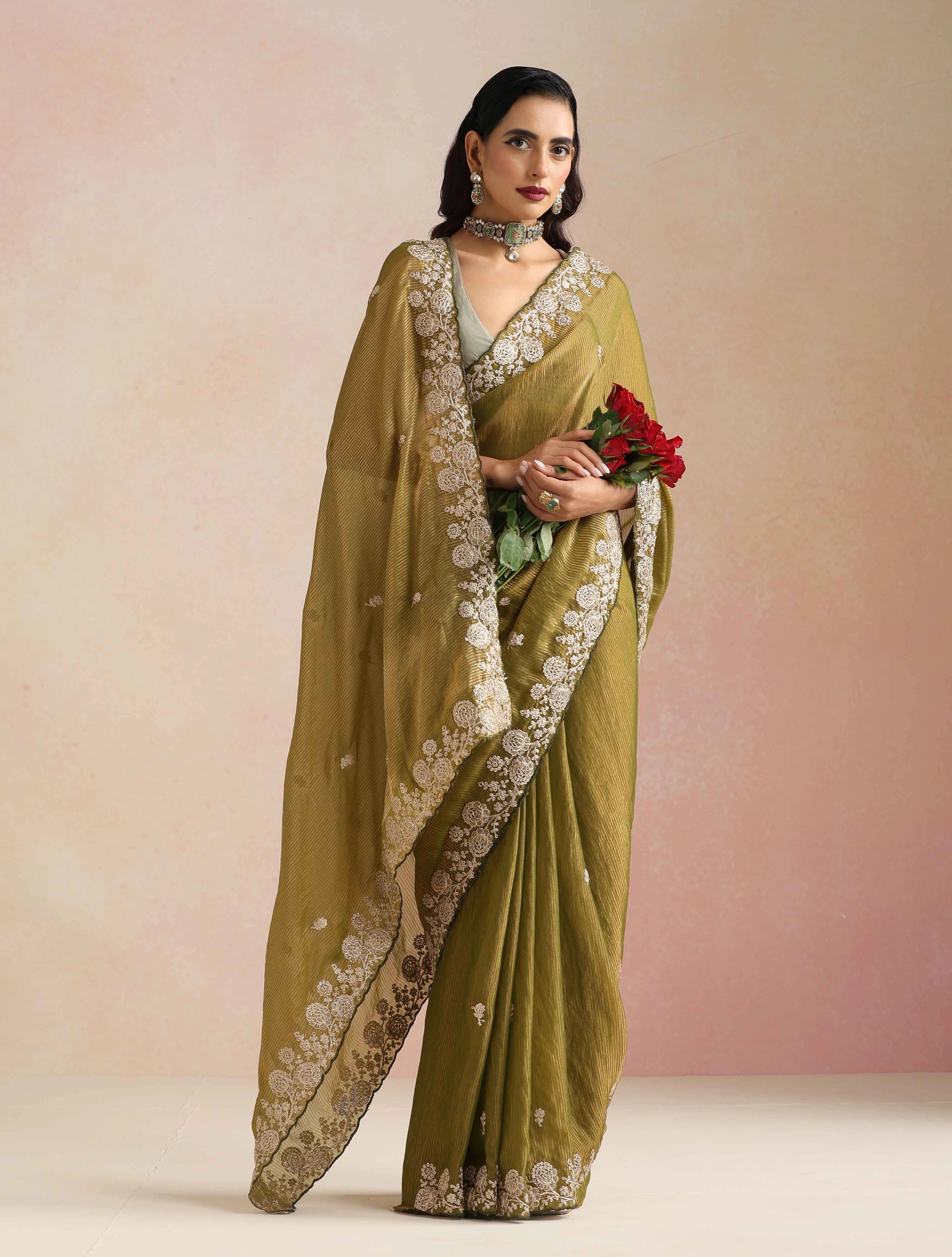 trueBrowns Lime Tissue Stripe Embroidery Weave Saree With Unstitched Blouse