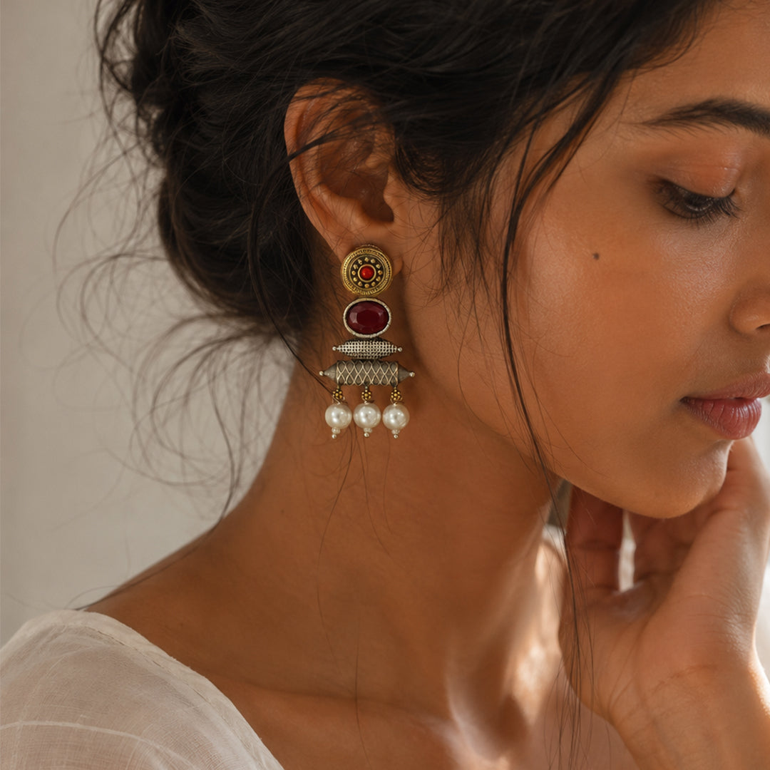 trueBrowns Red Stone Pearl Drop Earrings