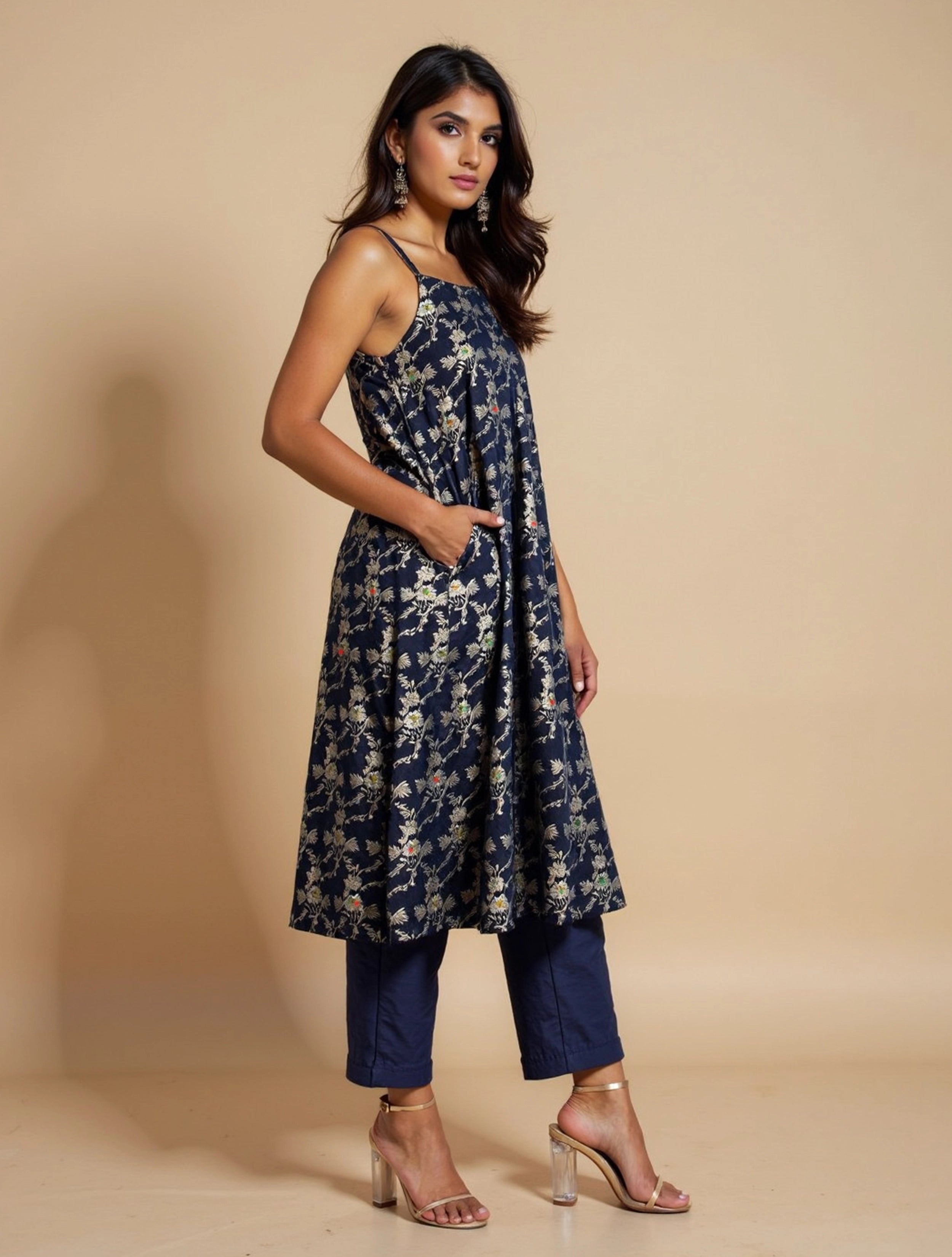 trueBrowns Blue Brocade Straight High-Slit Kurta Co-ord Set