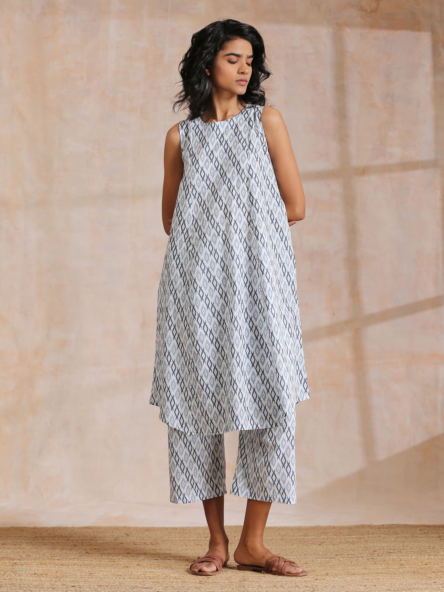 Multi Grey On Grey Ikat Print Cotton High-Low Co-Ord Set