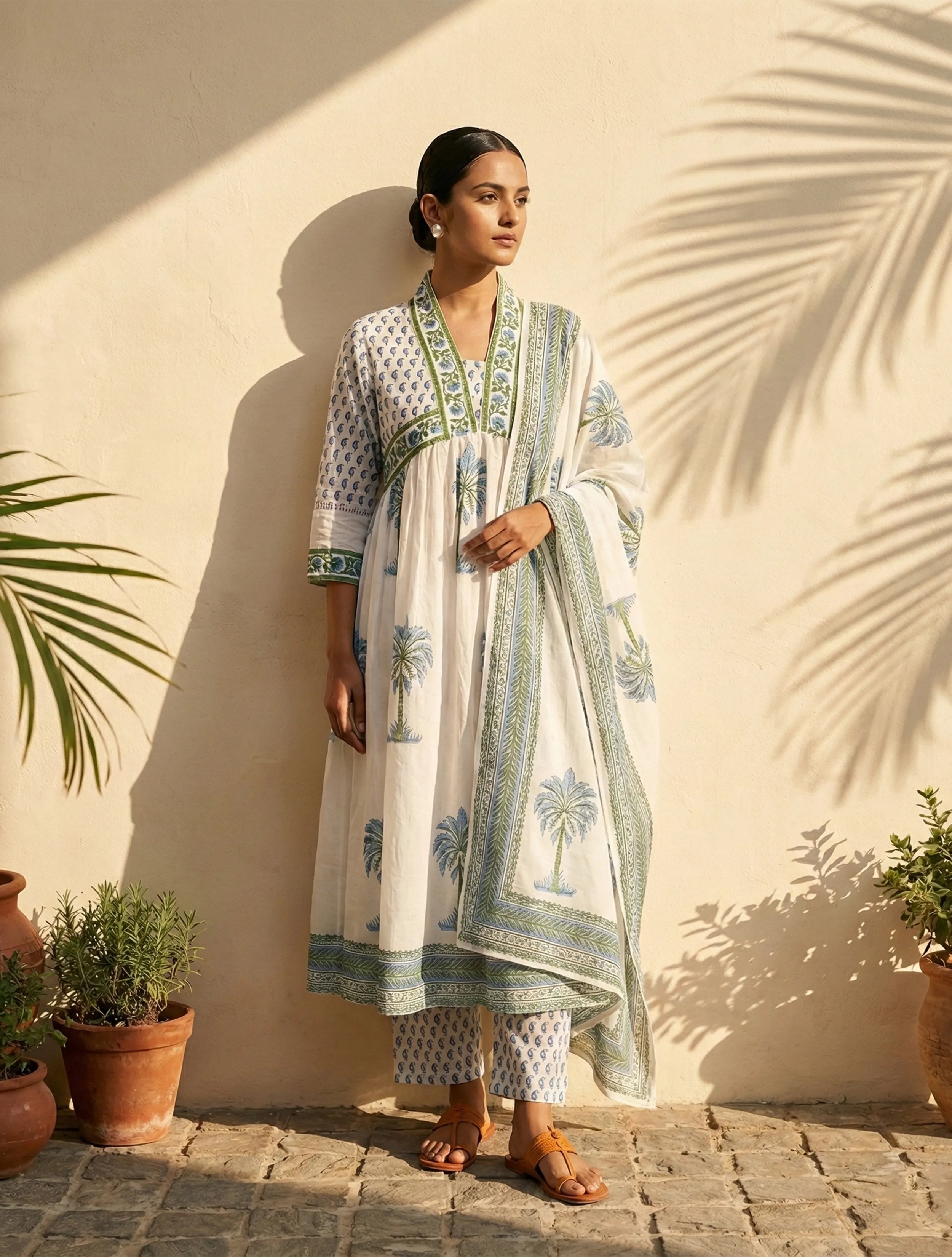 trueBrowns White Blue Printed Anarkali Kurta Pant Dupatta Set