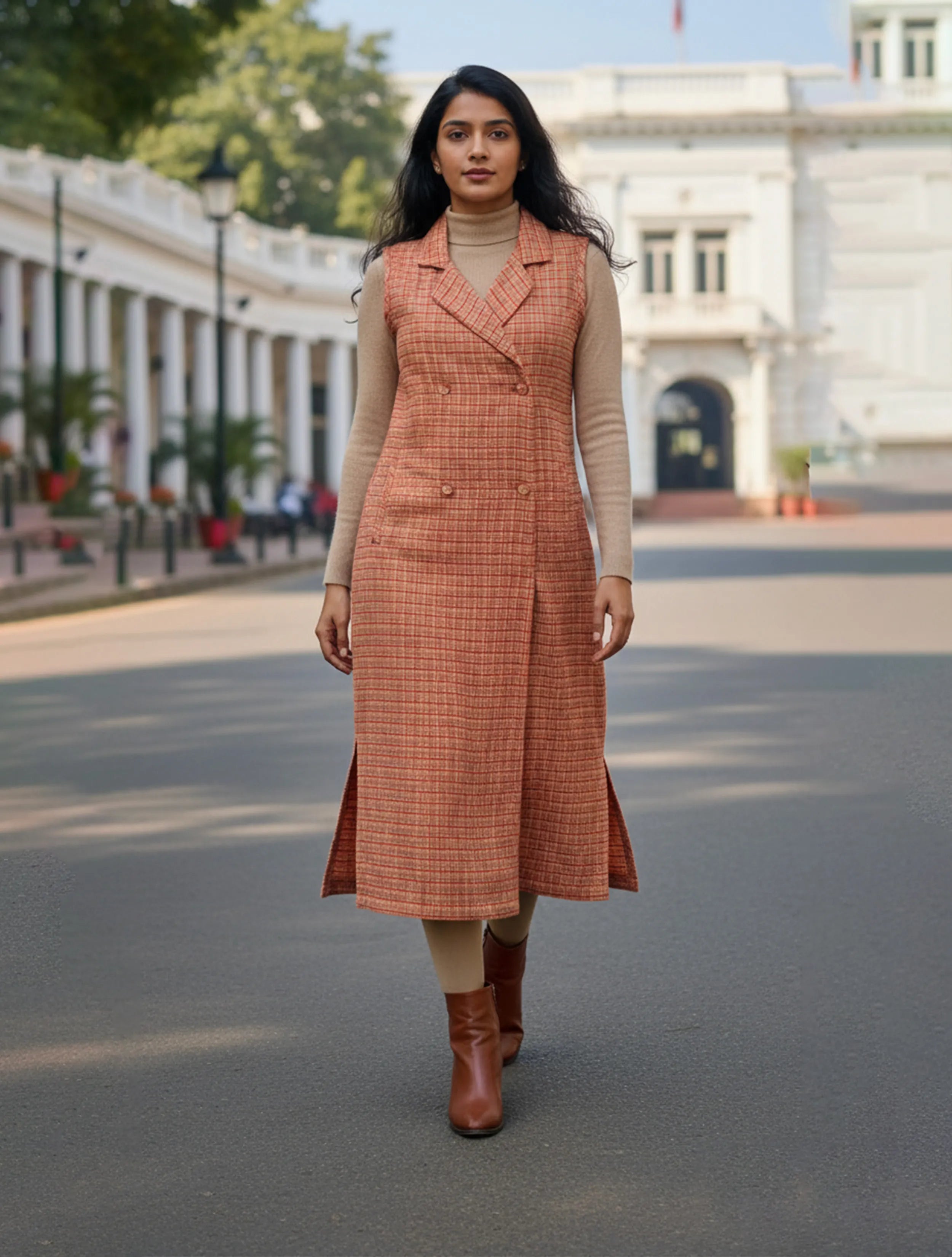 trueBrowns Maroon Check Blazer Dress