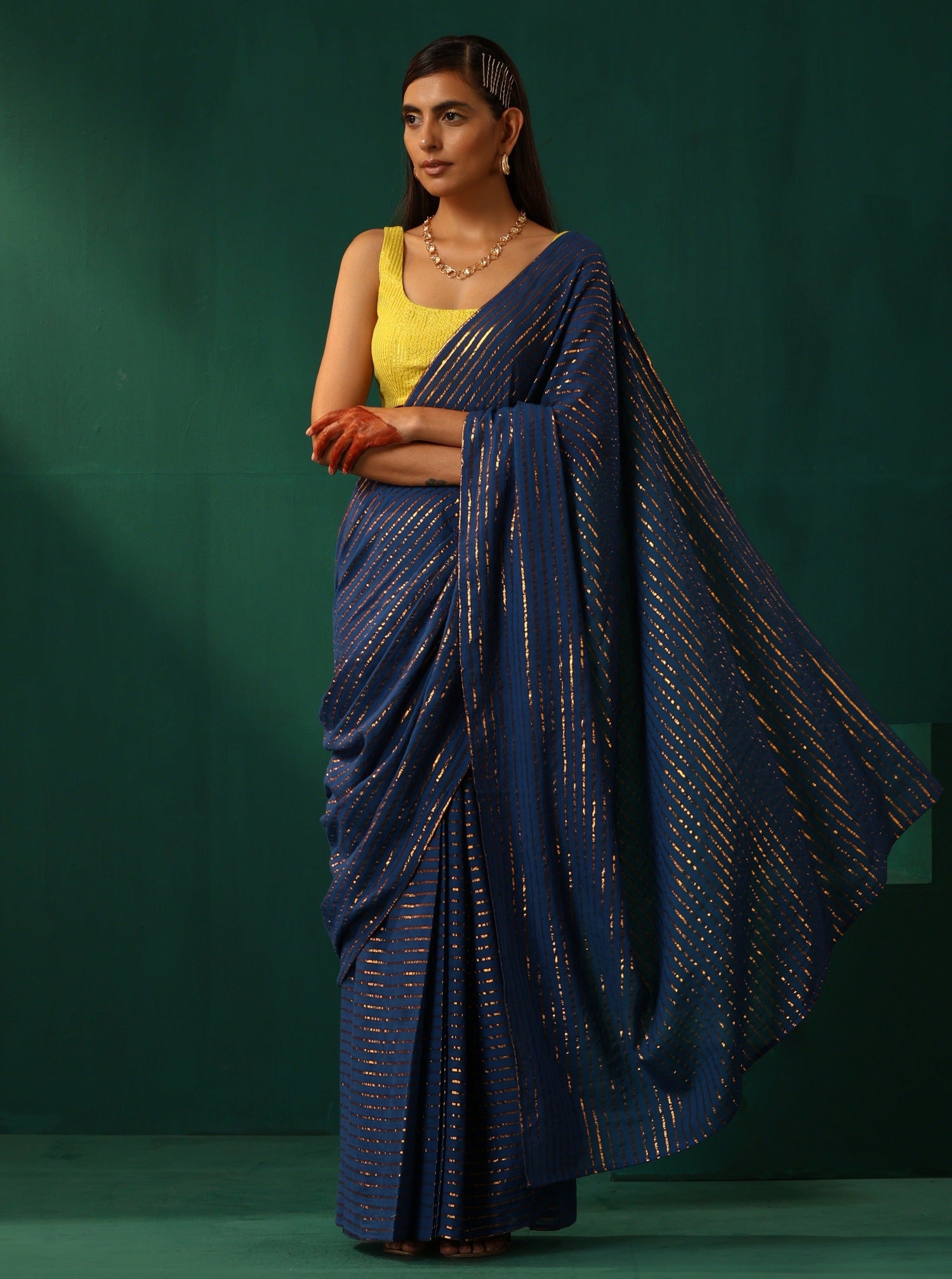 trueBrowns Royal Blue Cotton Gold Striped Ready To Wear Saree